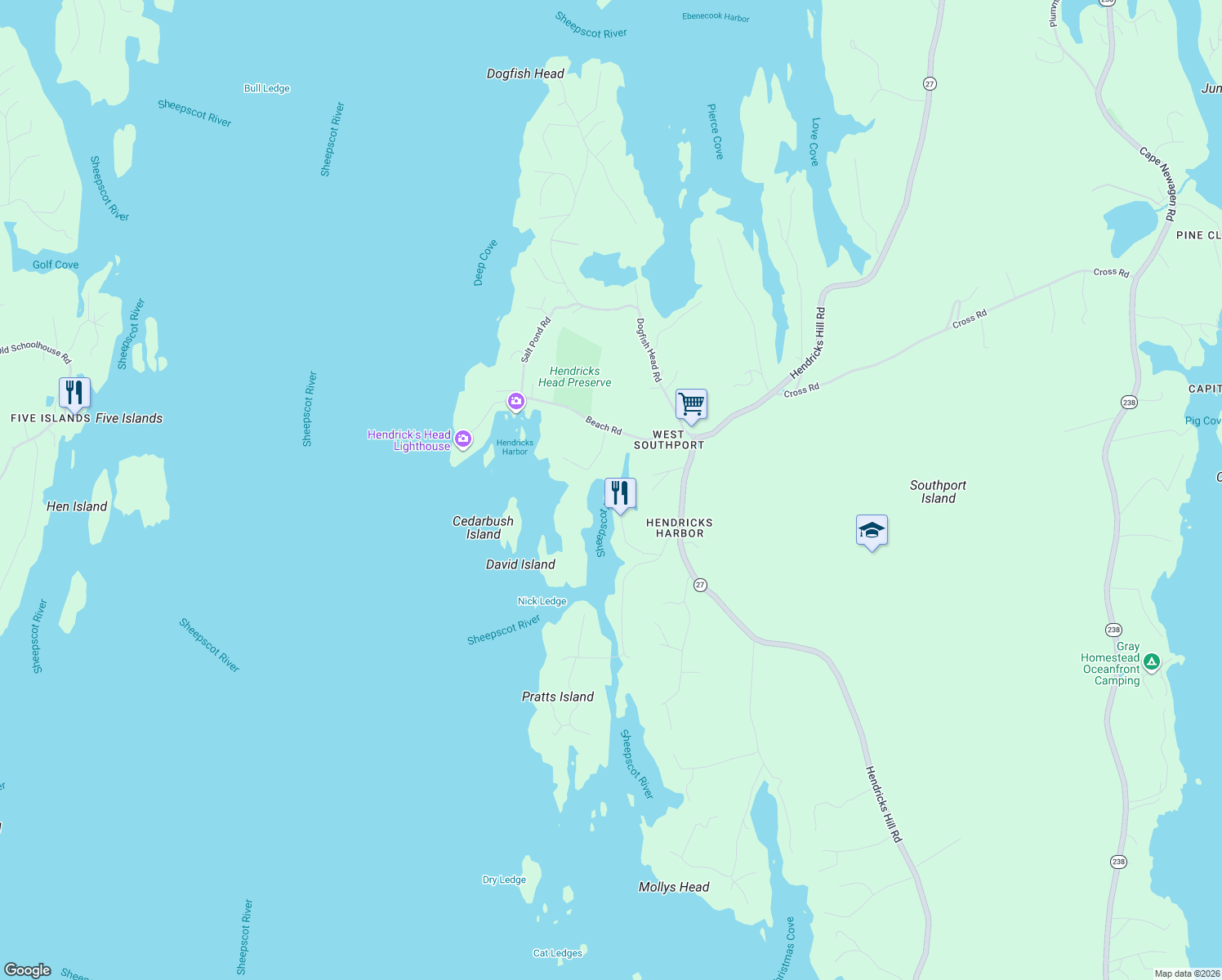 map of restaurants, bars, coffee shops, grocery stores, and more near 48 Cozy Harbor Road in Southport