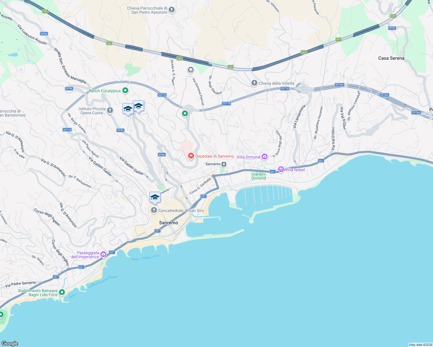 map of restaurants, bars, coffee shops, grocery stores, and more near 22 Corso Felice Cavallotti in Sanremo