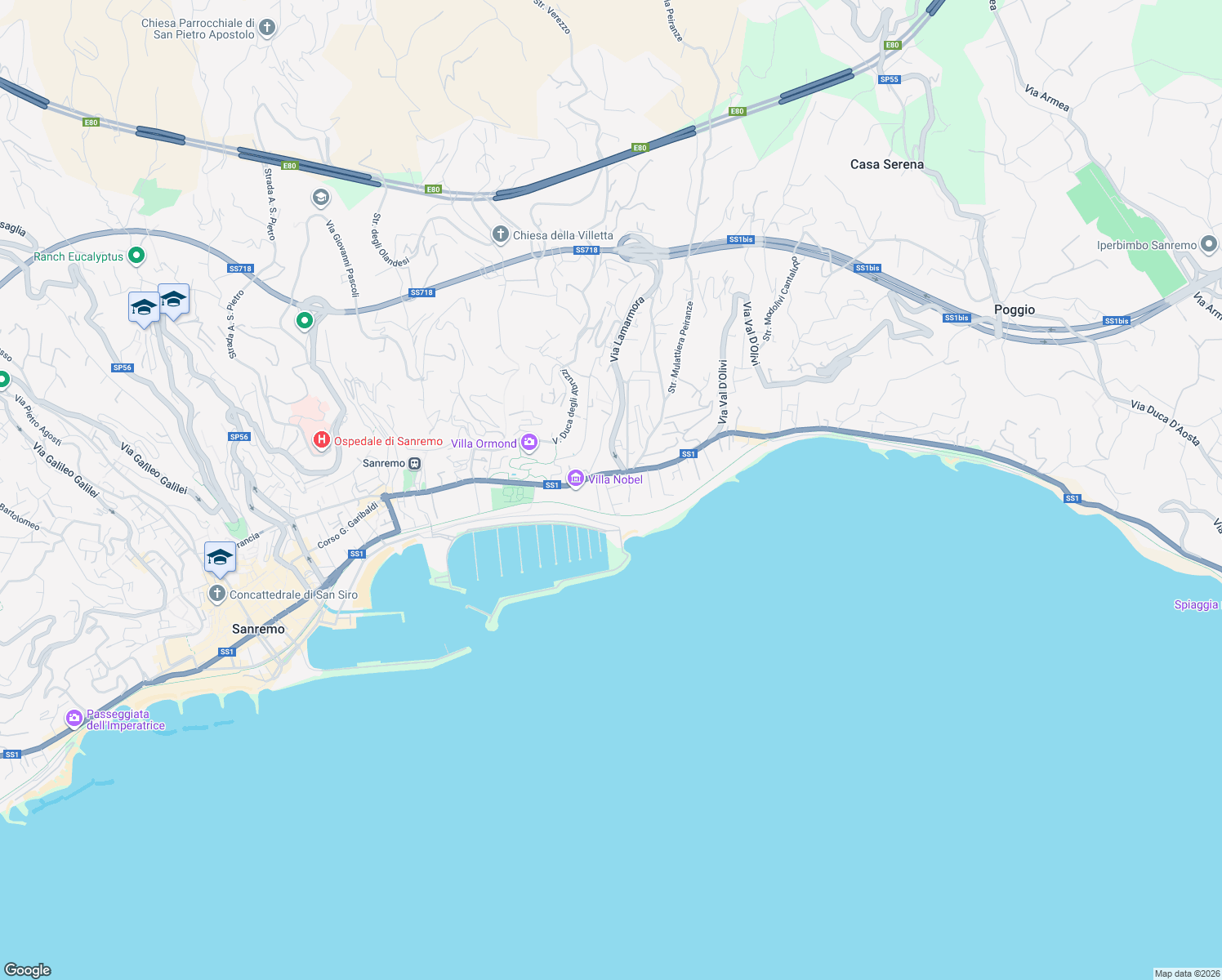 map of restaurants, bars, coffee shops, grocery stores, and more near 15 Via Giovanni Vesco in Sanremo