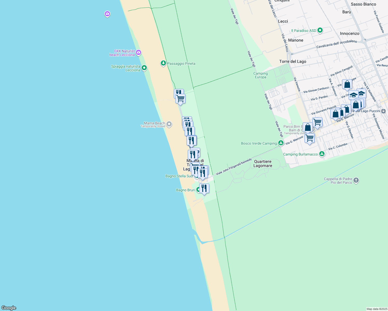 map of restaurants, bars, coffee shops, grocery stores, and more near 33 Viale Europa in Marina di Torre del Lago Puccini