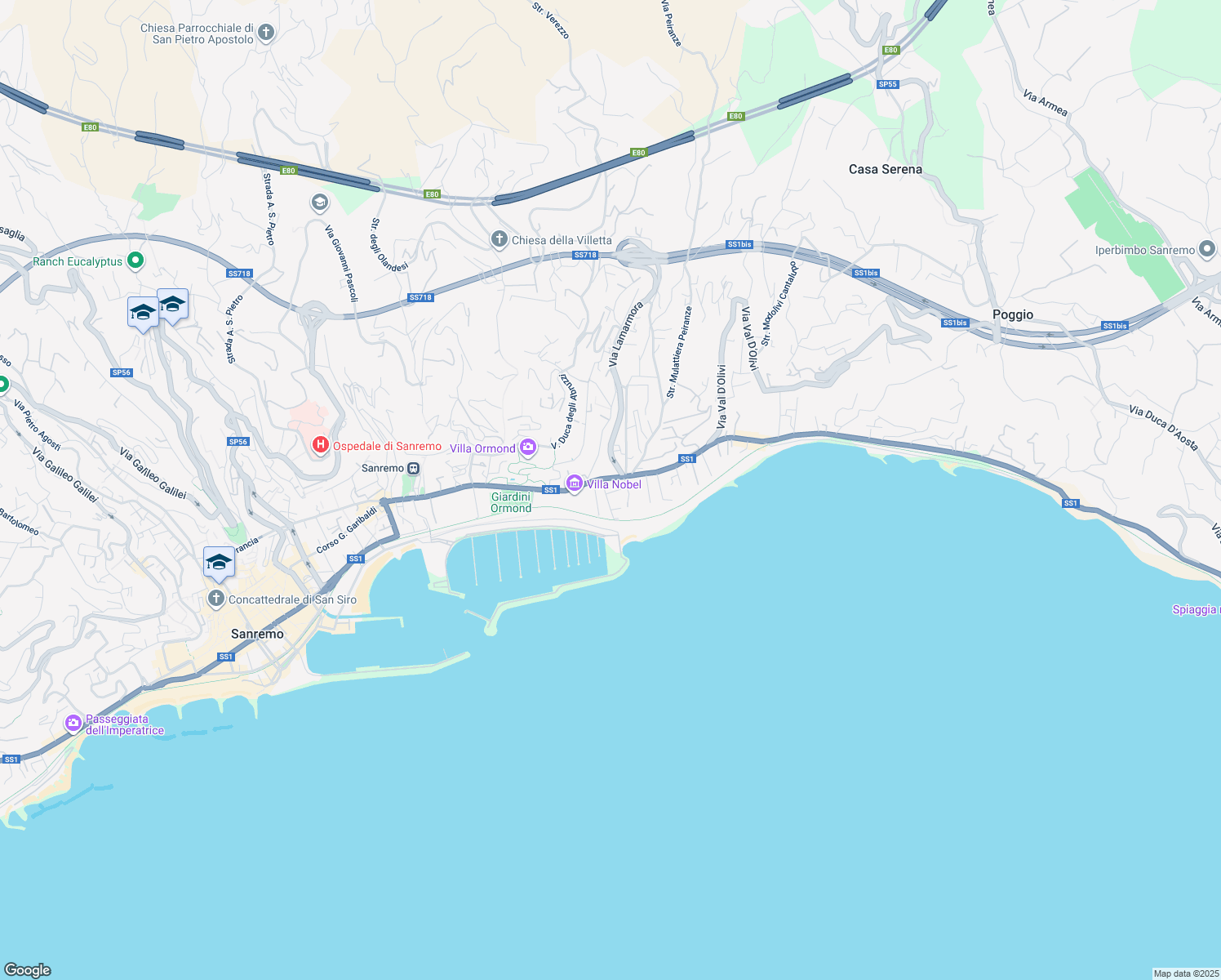 map of restaurants, bars, coffee shops, grocery stores, and more near 15 Via Giovanni Vesco in Sanremo