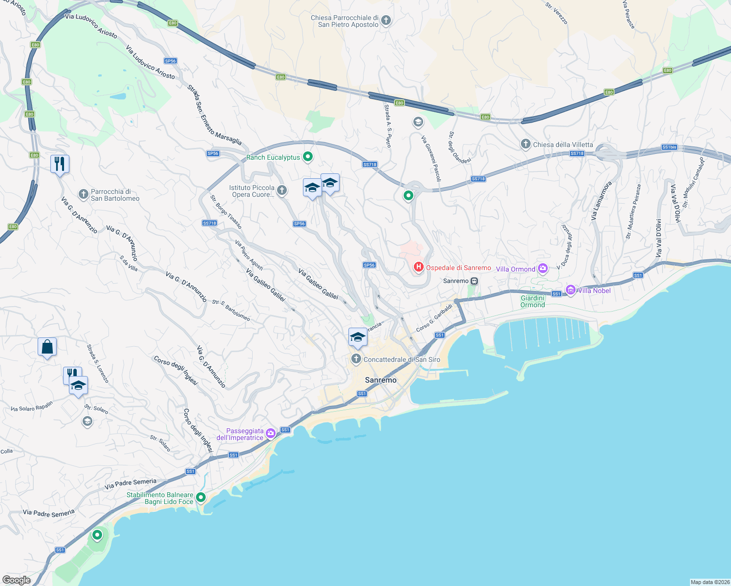 map of restaurants, bars, coffee shops, grocery stores, and more near 15 Via Porte Candelieri in Sanremo