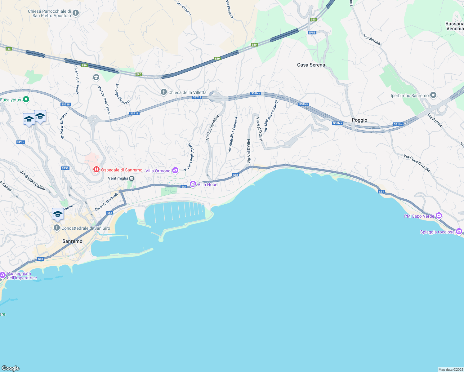 map of restaurants, bars, coffee shops, grocery stores, and more near 36 Pista Ciclabile del Parco Costiero della Riviera dei Fiori in Sanremo