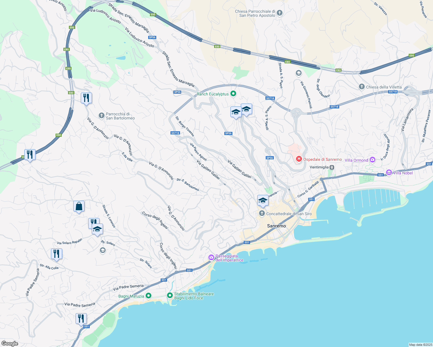 map of restaurants, bars, coffee shops, grocery stores, and more near in Sanremo