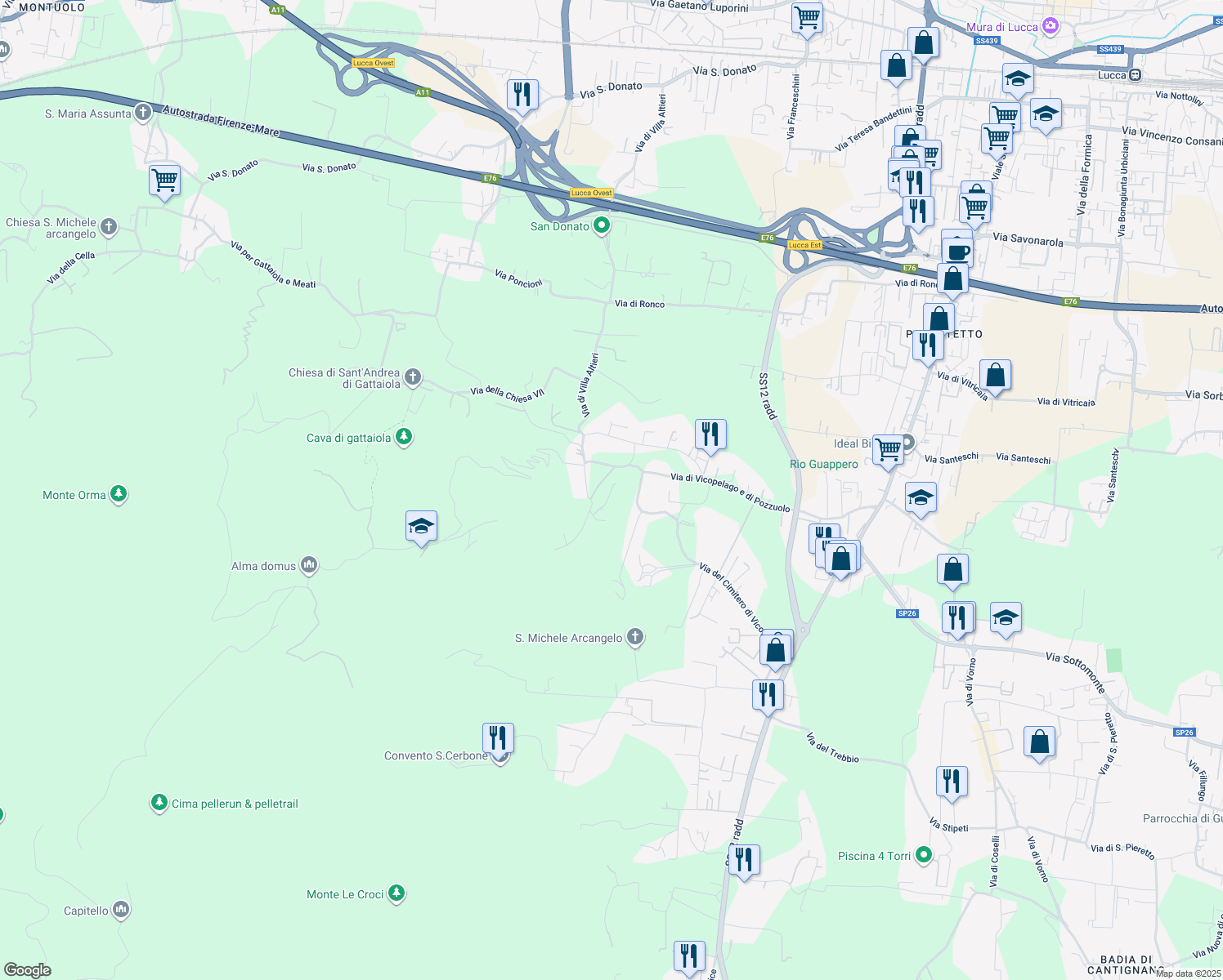 map of restaurants, bars, coffee shops, grocery stores, and more near 989 Via del Cimitero ⅩⅩⅠⅠⅠ in Lucca