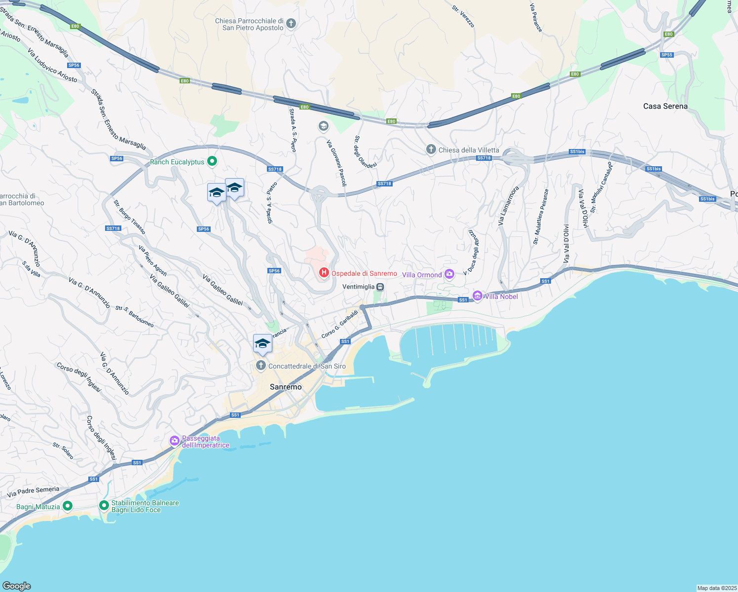 map of restaurants, bars, coffee shops, grocery stores, and more near 22 Corso Felice Cavallotti in Sanremo