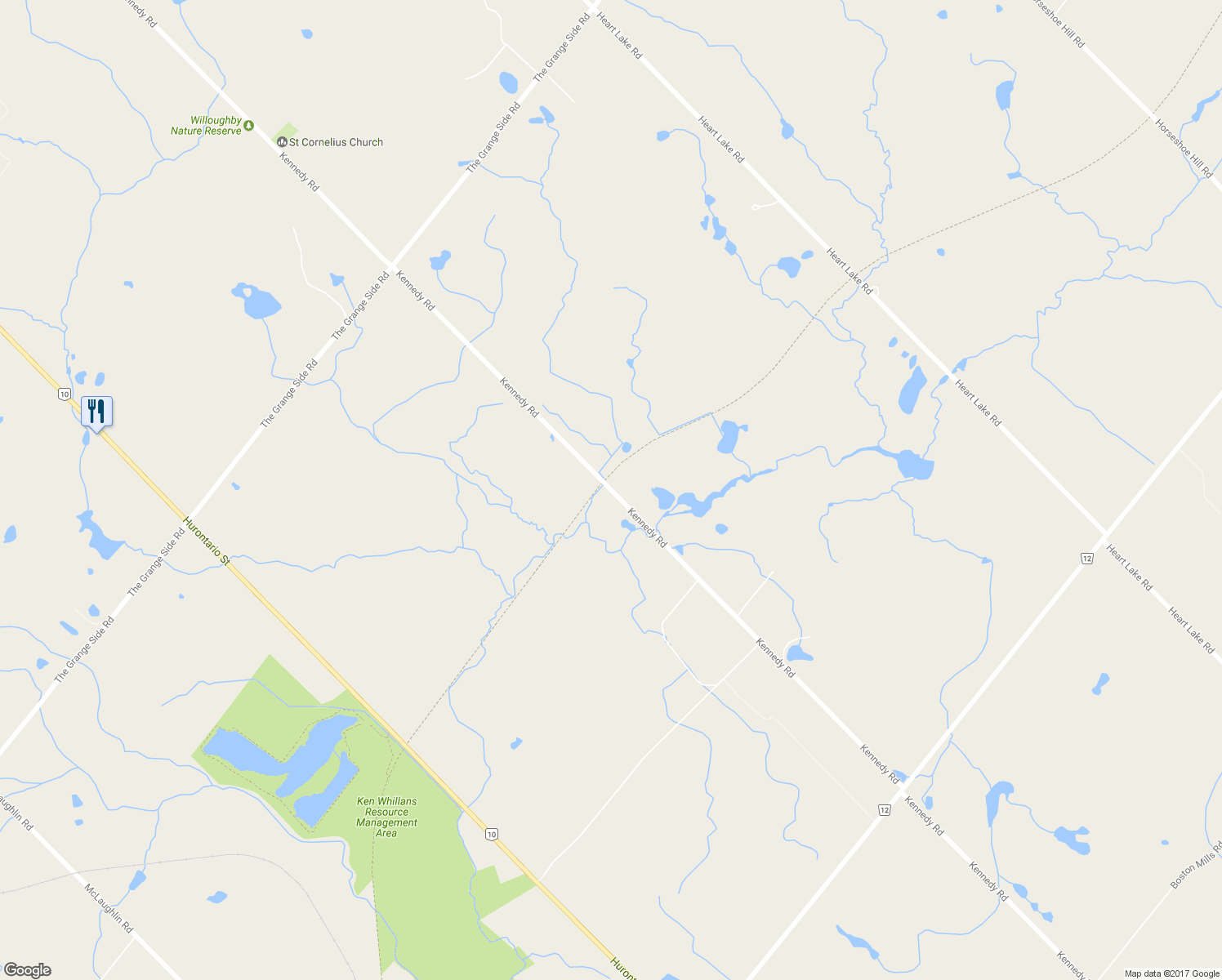 map of restaurants, bars, coffee shops, grocery stores, and more near 15993 Kennedy Road in Caledon