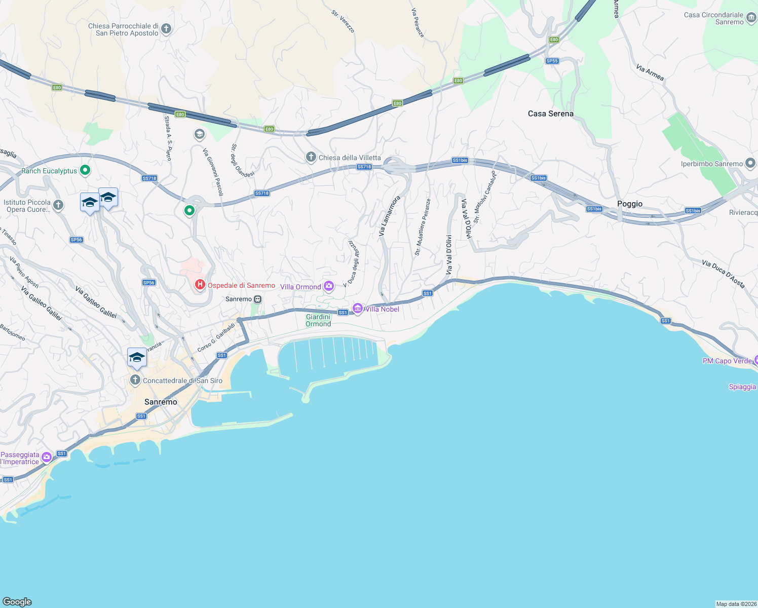 map of restaurants, bars, coffee shops, grocery stores, and more near 40 Via Alfonso Lamarmora in Sanremo