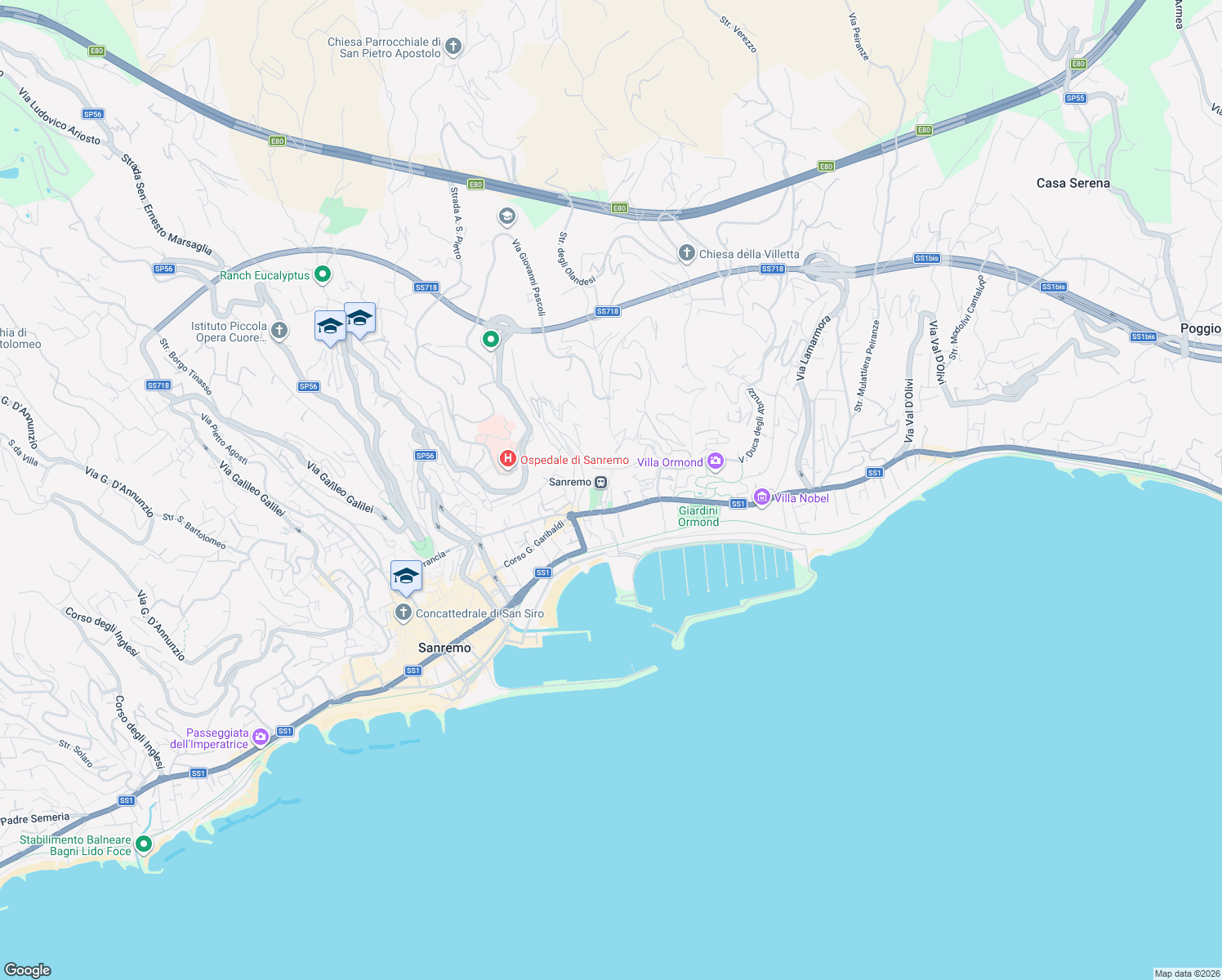 map of restaurants, bars, coffee shops, grocery stores, and more near 64 Via Duca degli Abruzzi in Sanremo