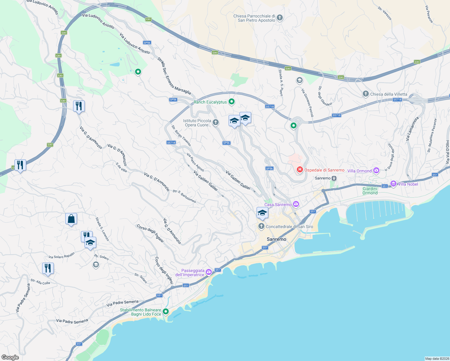 map of restaurants, bars, coffee shops, grocery stores, and more near 352 Via Martiri della Libertà in Sanremo