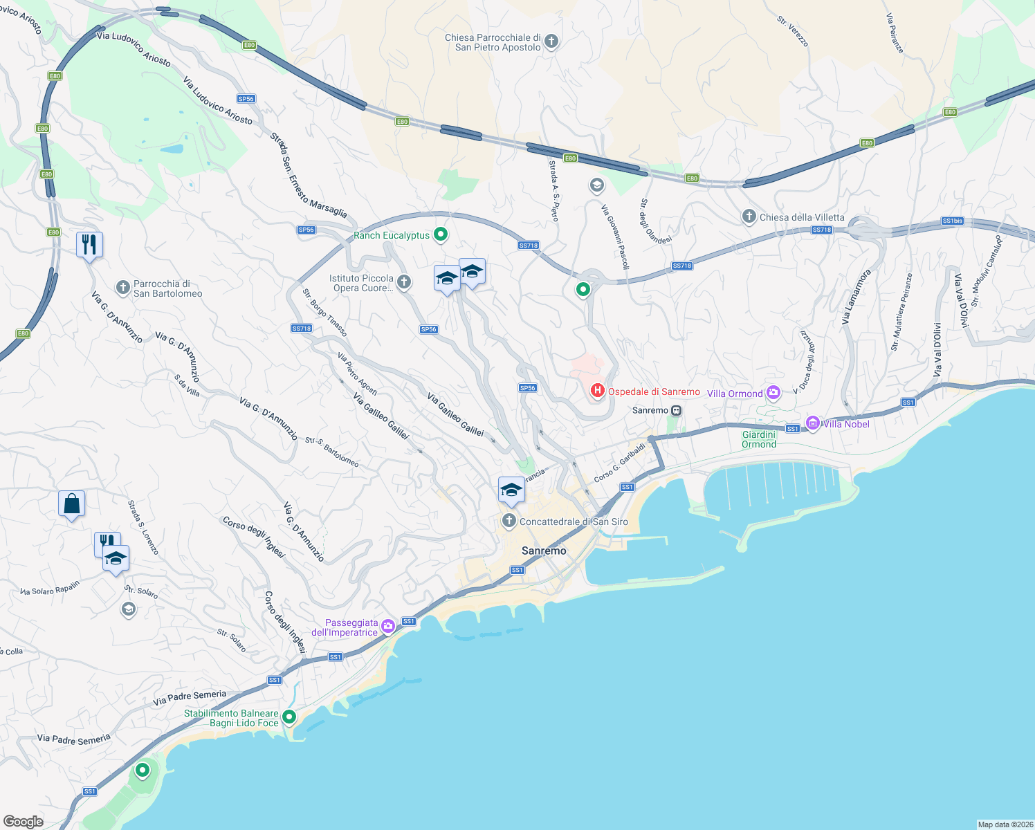 map of restaurants, bars, coffee shops, grocery stores, and more near 41 Via Porte Candelieri in Sanremo