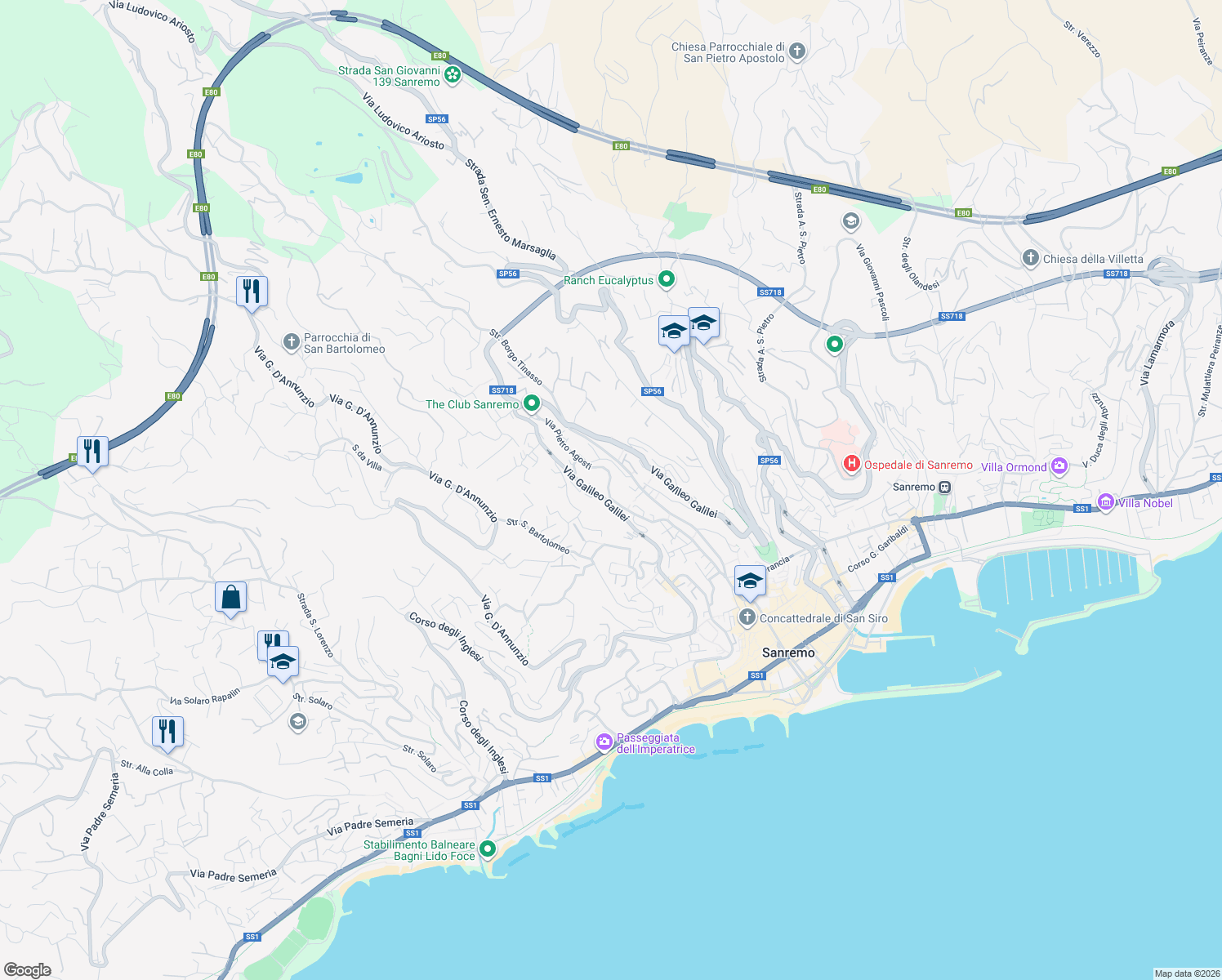 map of restaurants, bars, coffee shops, grocery stores, and more near 258-260 Via Pietro Agosti in Sanremo