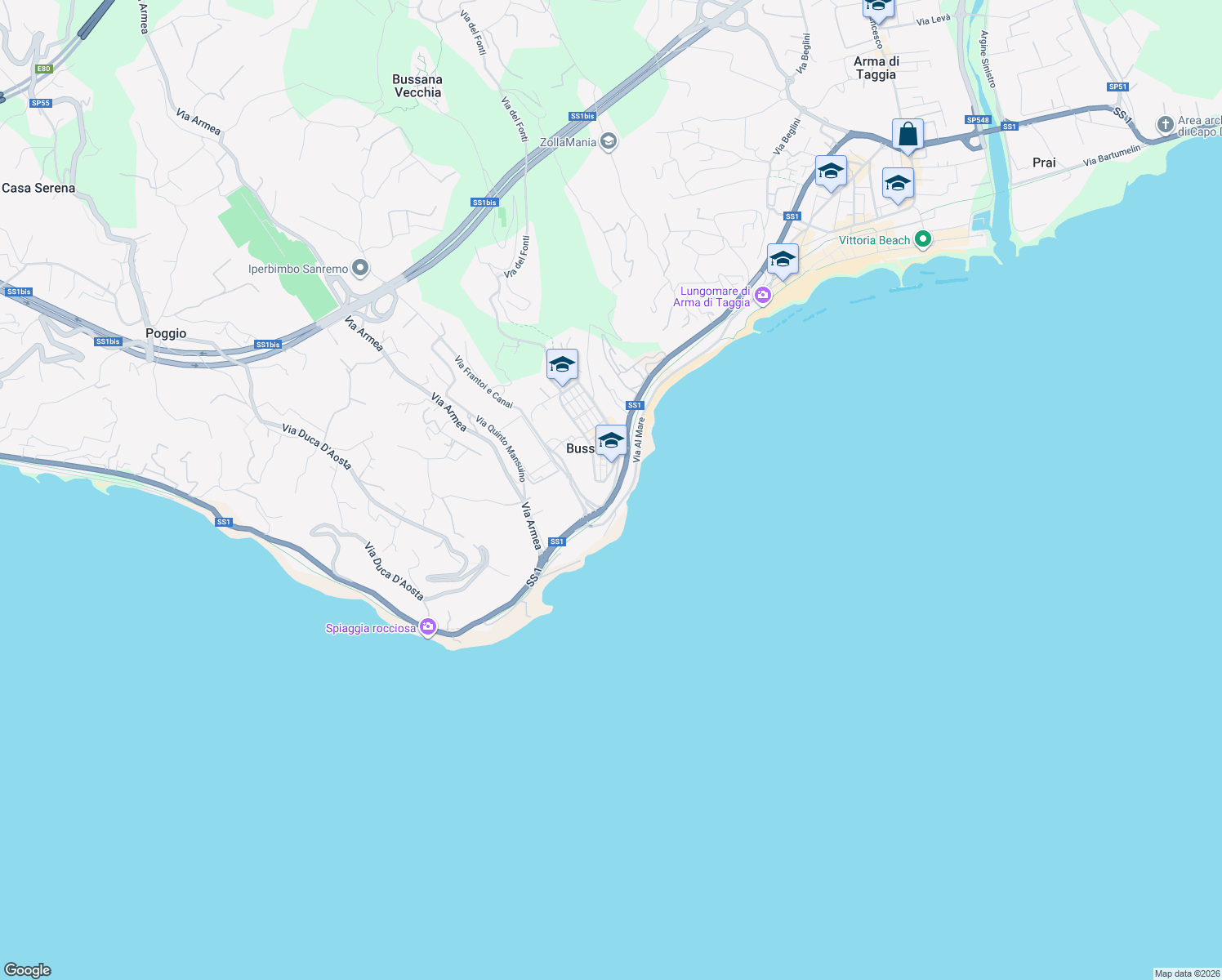 map of restaurants, bars, coffee shops, grocery stores, and more near 35 Via Vittorio Veneto in Sanremo