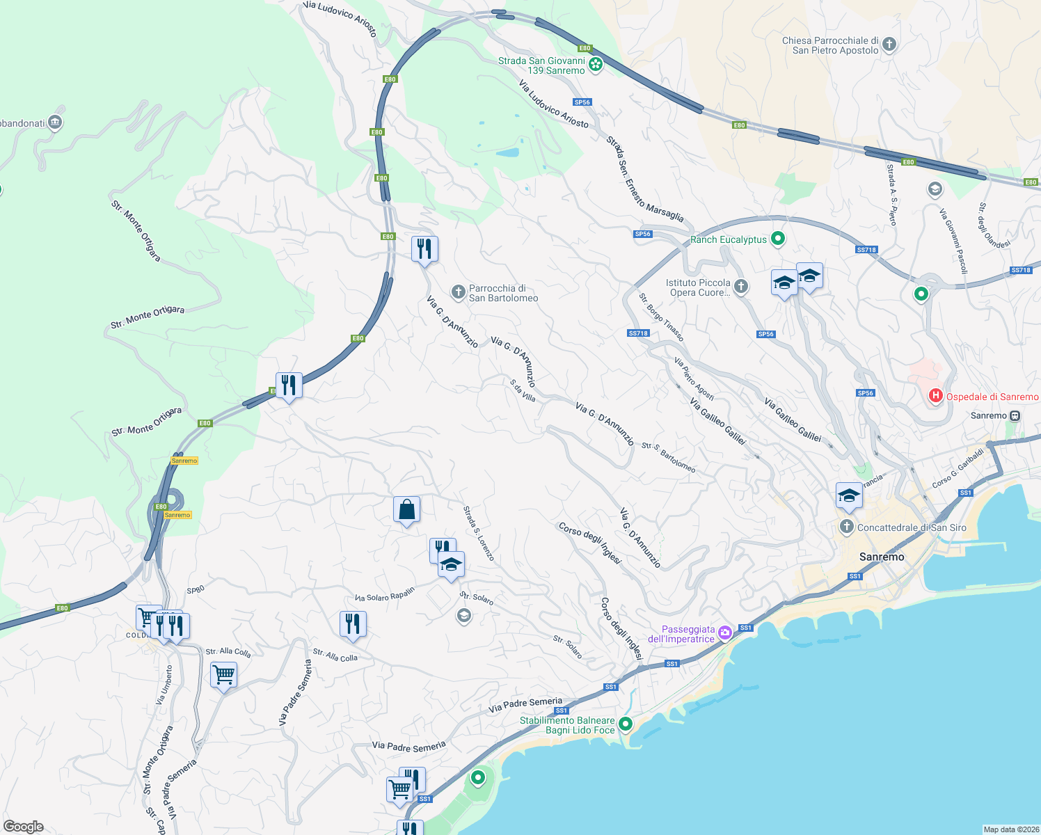map of restaurants, bars, coffee shops, grocery stores, and more near 17 Via Giacomo Leopardi in Sanremo
