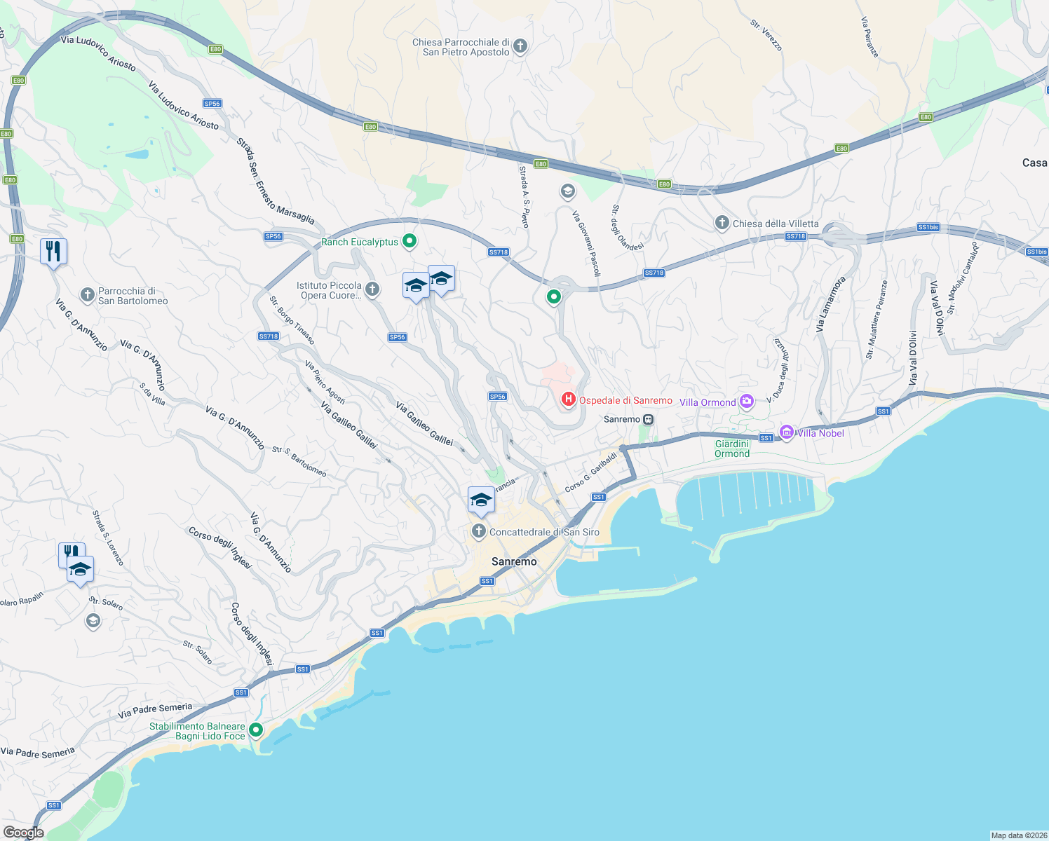 map of restaurants, bars, coffee shops, grocery stores, and more near 36 Via Antonio Canepa in Sanremo