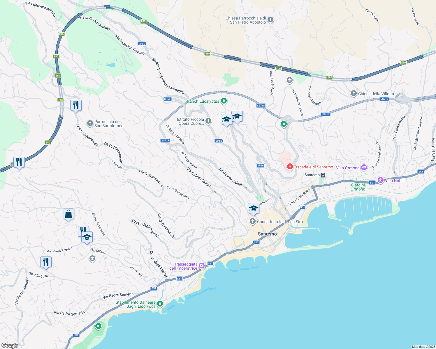 map of restaurants, bars, coffee shops, grocery stores, and more near 352 Via Martiri della Libertà in Sanremo