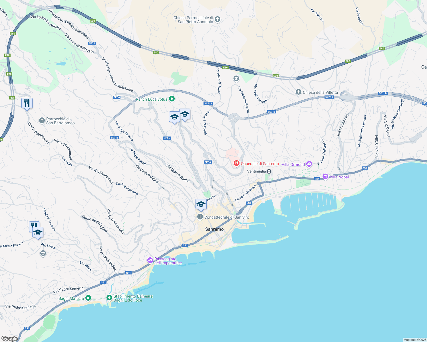 map of restaurants, bars, coffee shops, grocery stores, and more near 36 Via Antonio Canepa in Sanremo