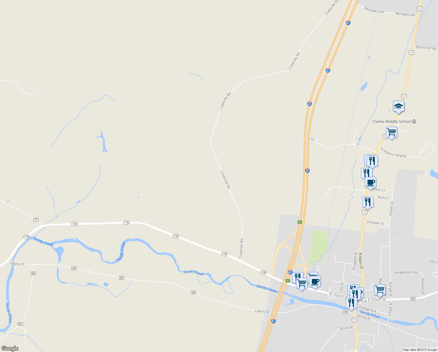 map of restaurants, bars, coffee shops, grocery stores, and more near 10749 Cobbville Road in Adams