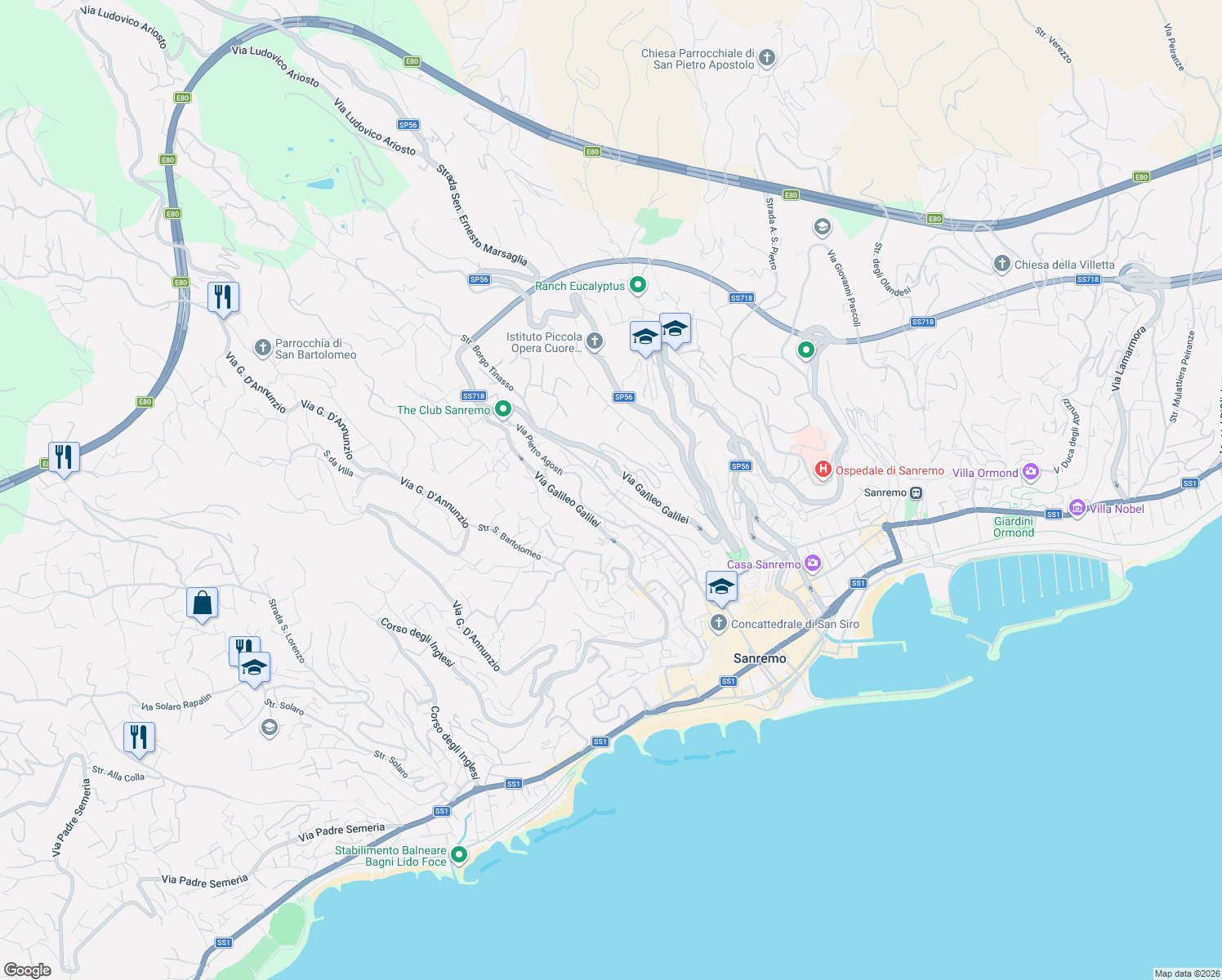 map of restaurants, bars, coffee shops, grocery stores, and more near 352 Via Martiri della Libertà in Sanremo