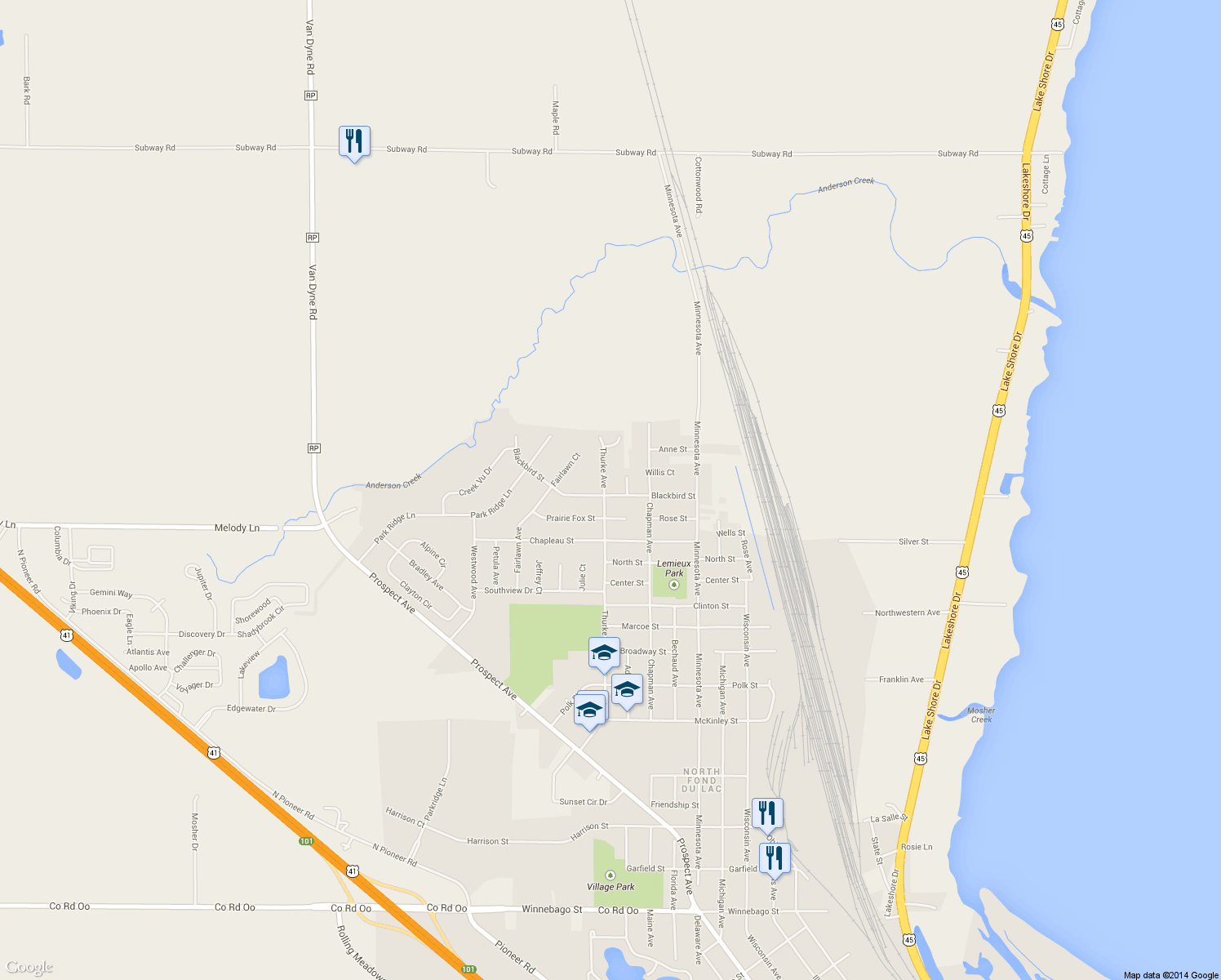 map of restaurants, bars, coffee shops, grocery stores, and more near 224 Blackbird Street in North Fond du Lac