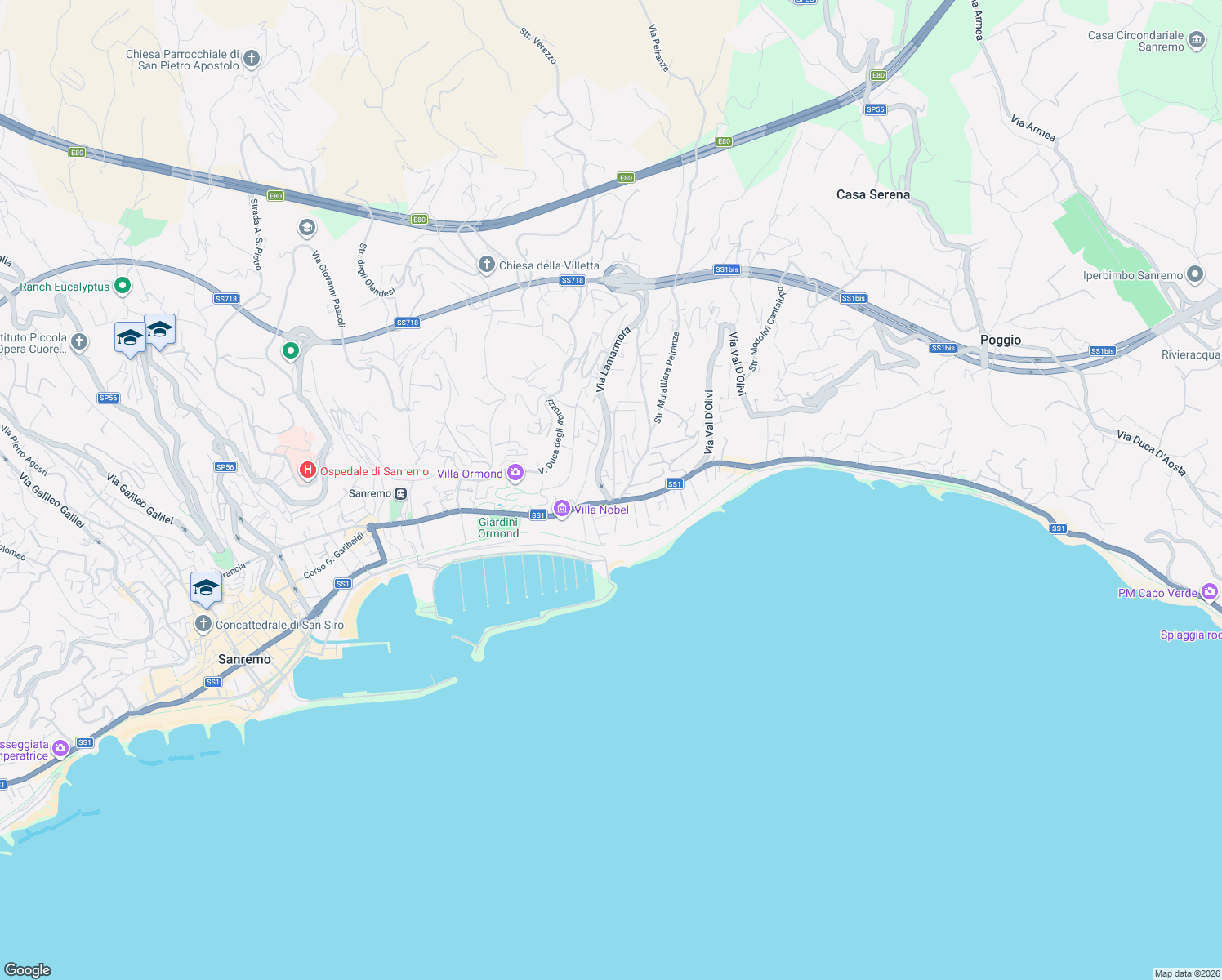 map of restaurants, bars, coffee shops, grocery stores, and more near 14-16 Via Alfonso Lamarmora in Sanremo