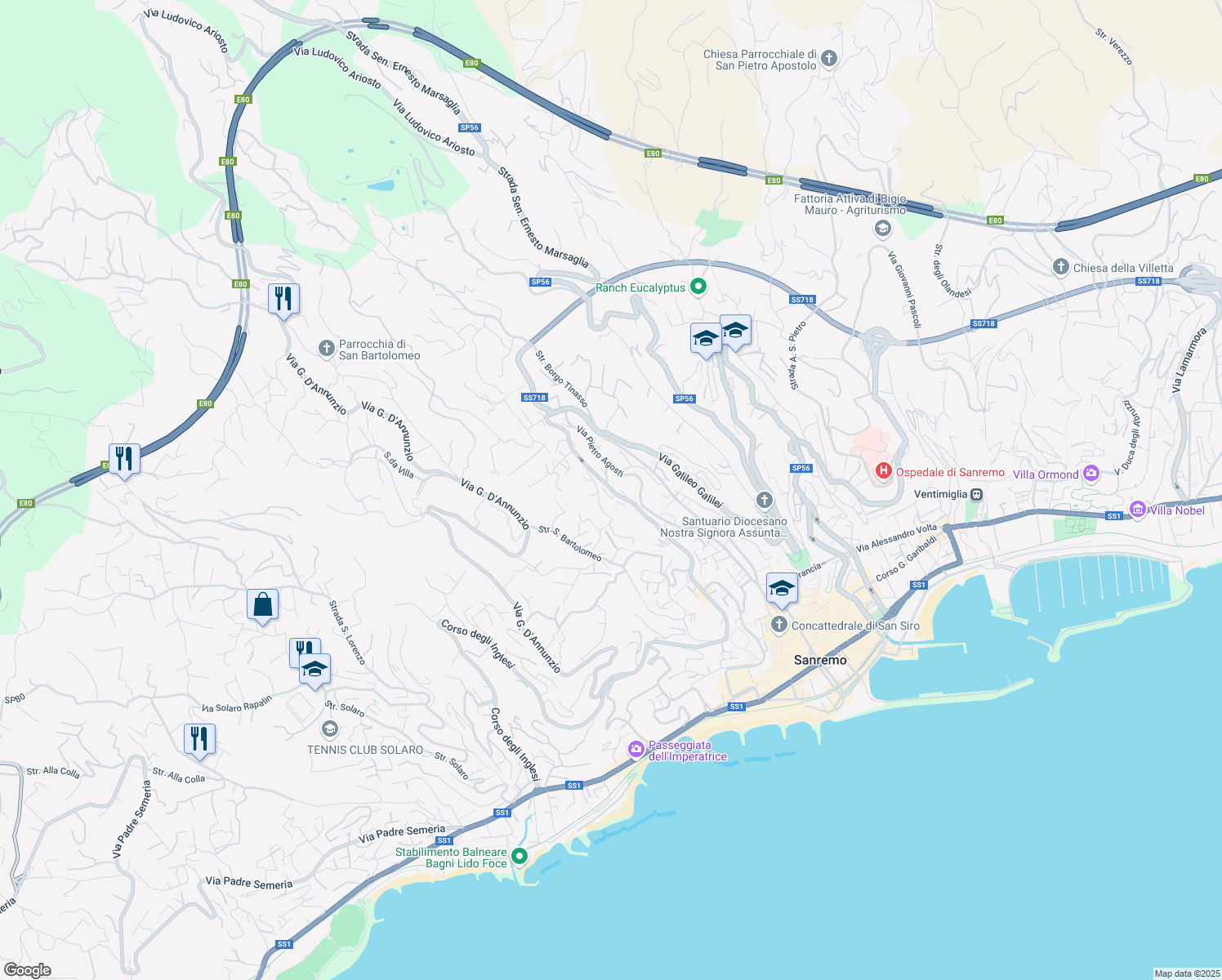 map of restaurants, bars, coffee shops, grocery stores, and more near 124 Via Galileo Galilei in Sanremo