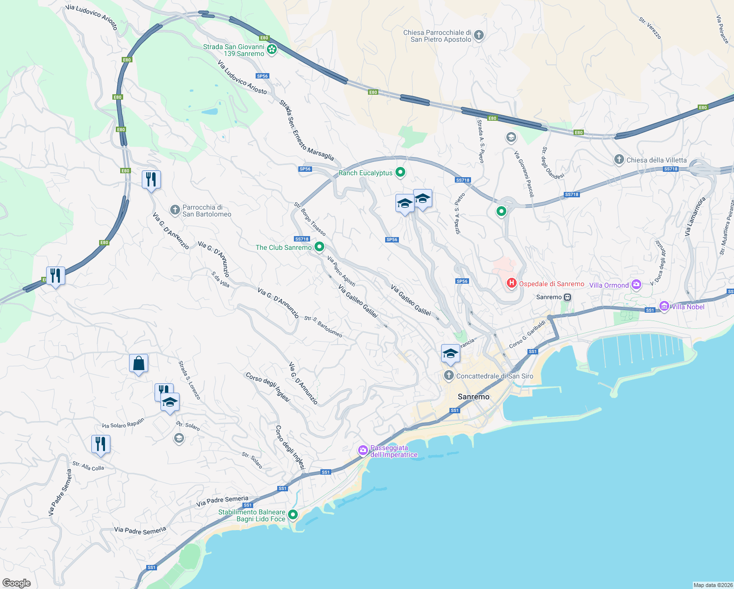 map of restaurants, bars, coffee shops, grocery stores, and more near 260 Via Pietro Agosti in Sanremo