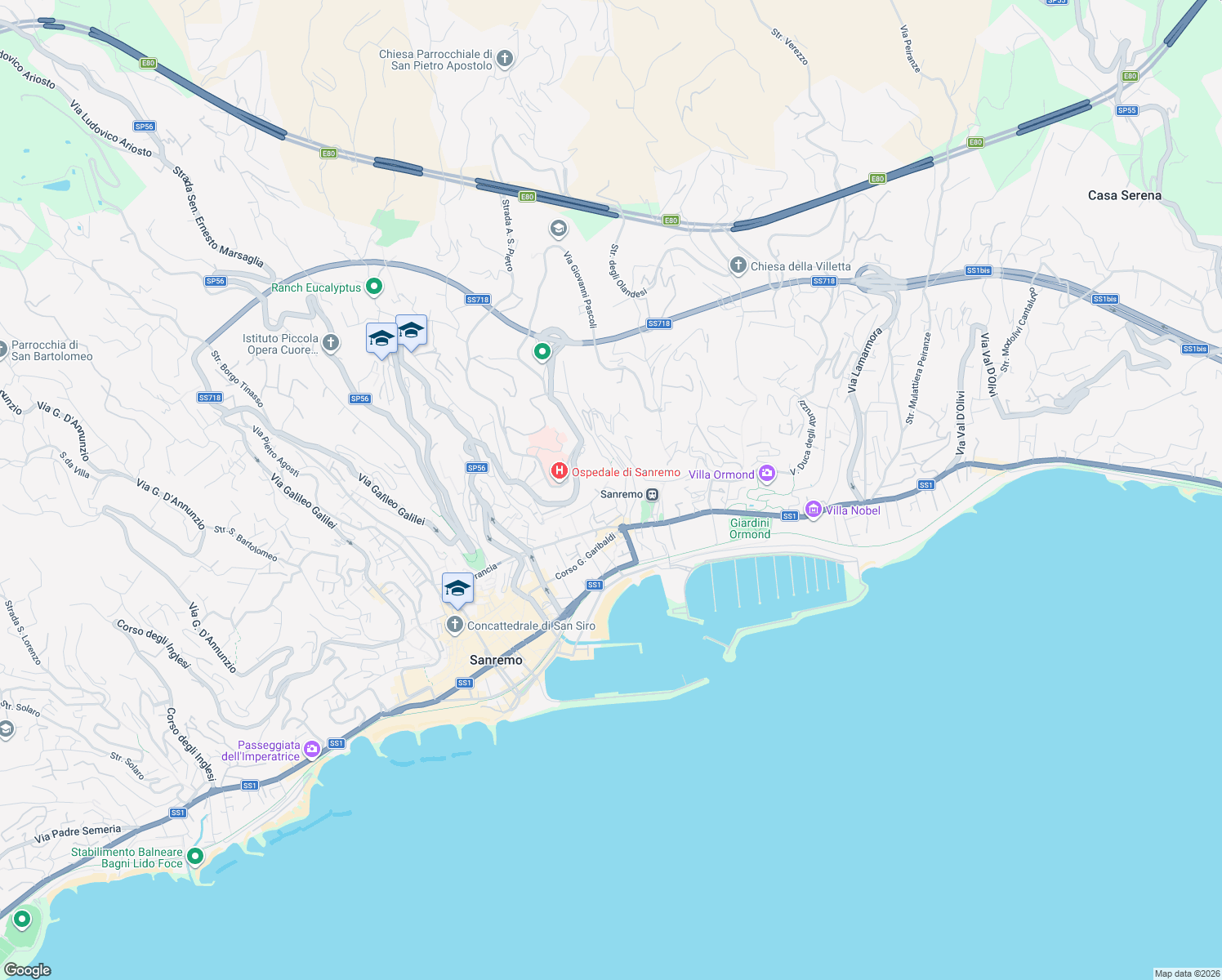 map of restaurants, bars, coffee shops, grocery stores, and more near 35 Via Val del Ponte in Sanremo