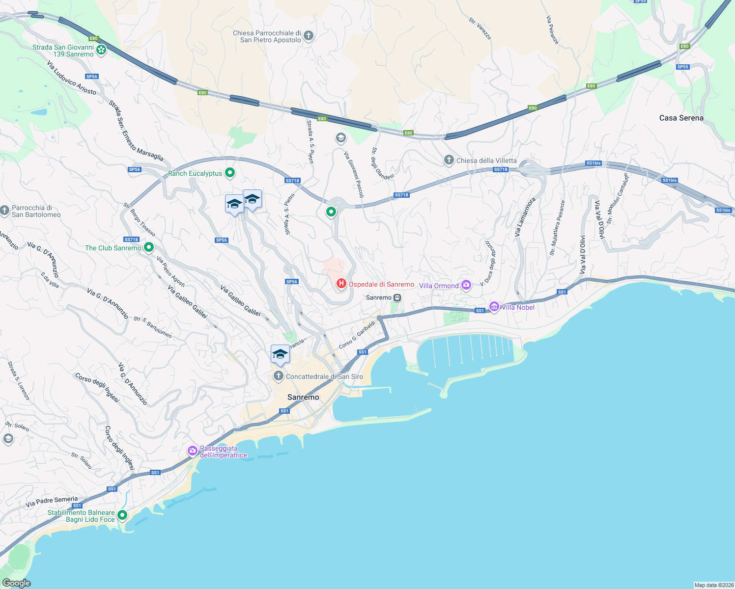 map of restaurants, bars, coffee shops, grocery stores, and more near 31 Via Moduponte in Sanremo