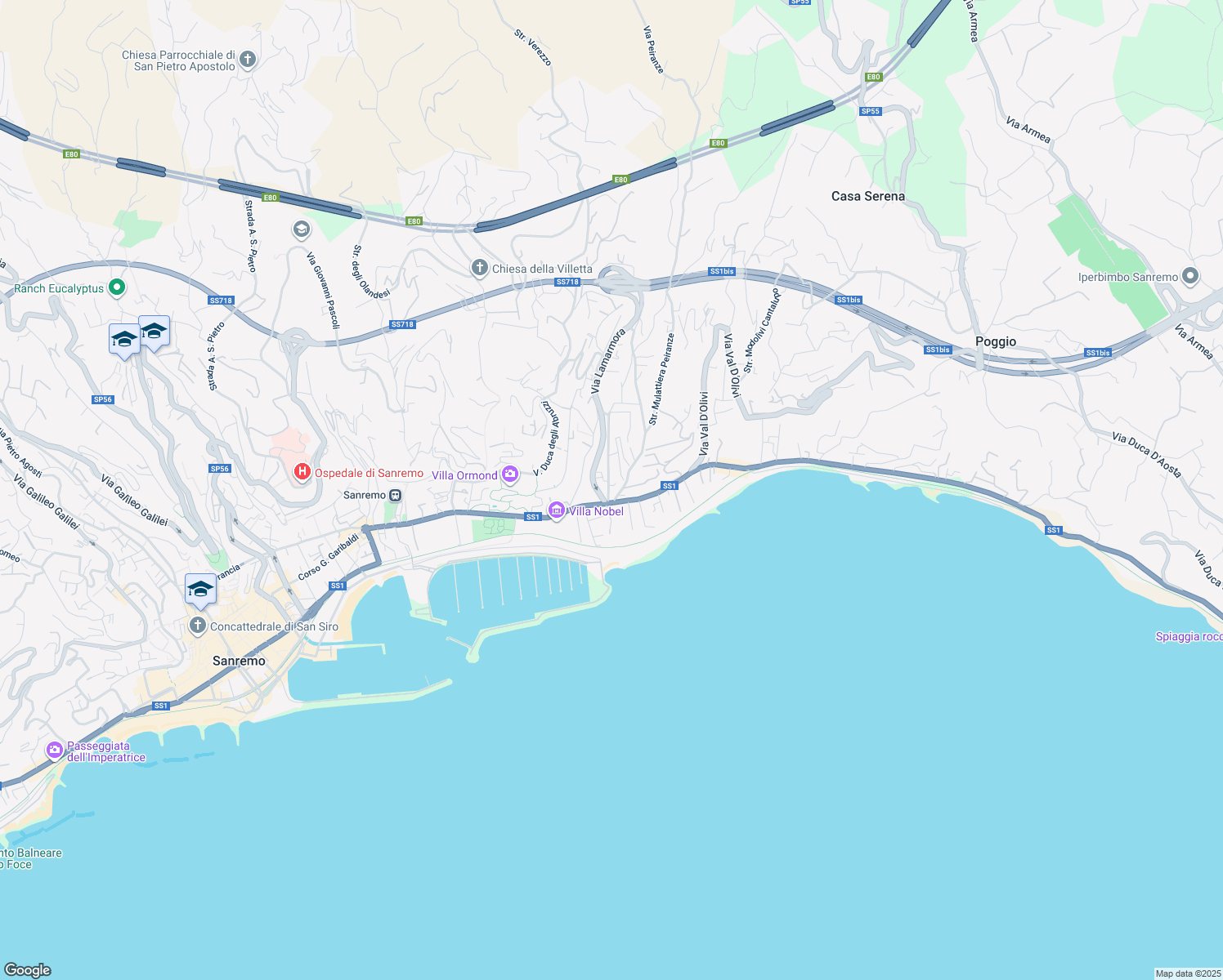 map of restaurants, bars, coffee shops, grocery stores, and more near 14 Via Lamarmora in Sanremo