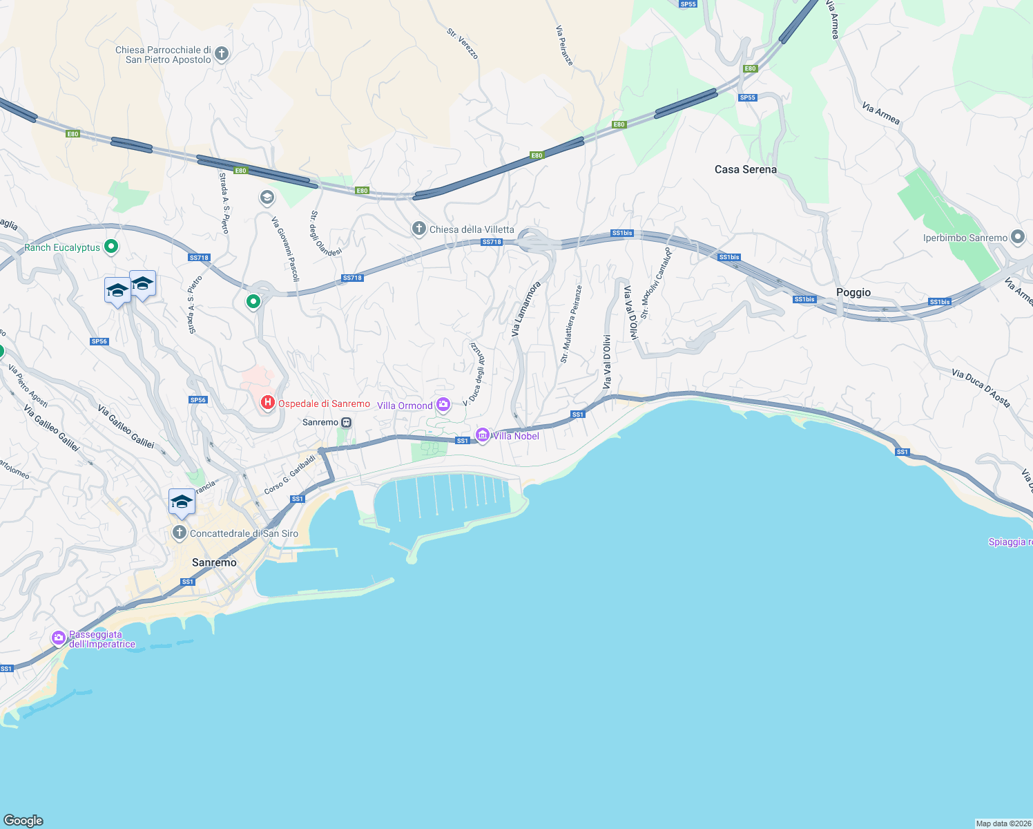 map of restaurants, bars, coffee shops, grocery stores, and more near 14-16 Via Alfonso Lamarmora in Sanremo