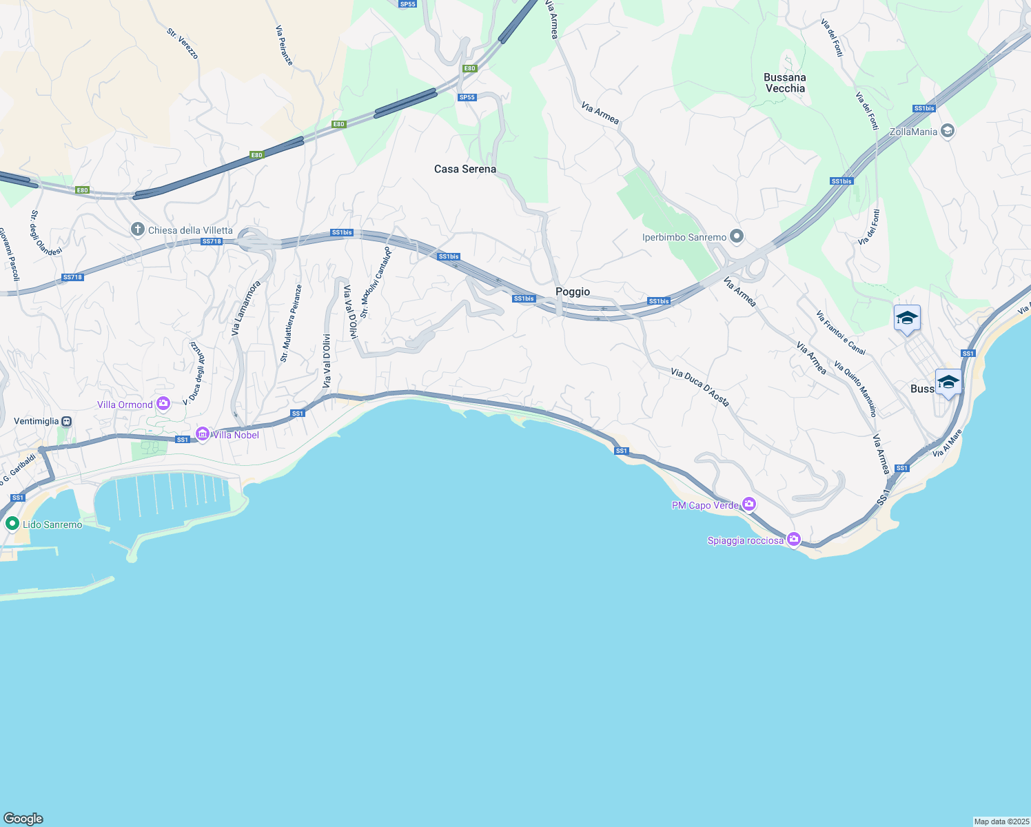 map of restaurants, bars, coffee shops, grocery stores, and more near 36 Strada Tre Ponti in Sanremo