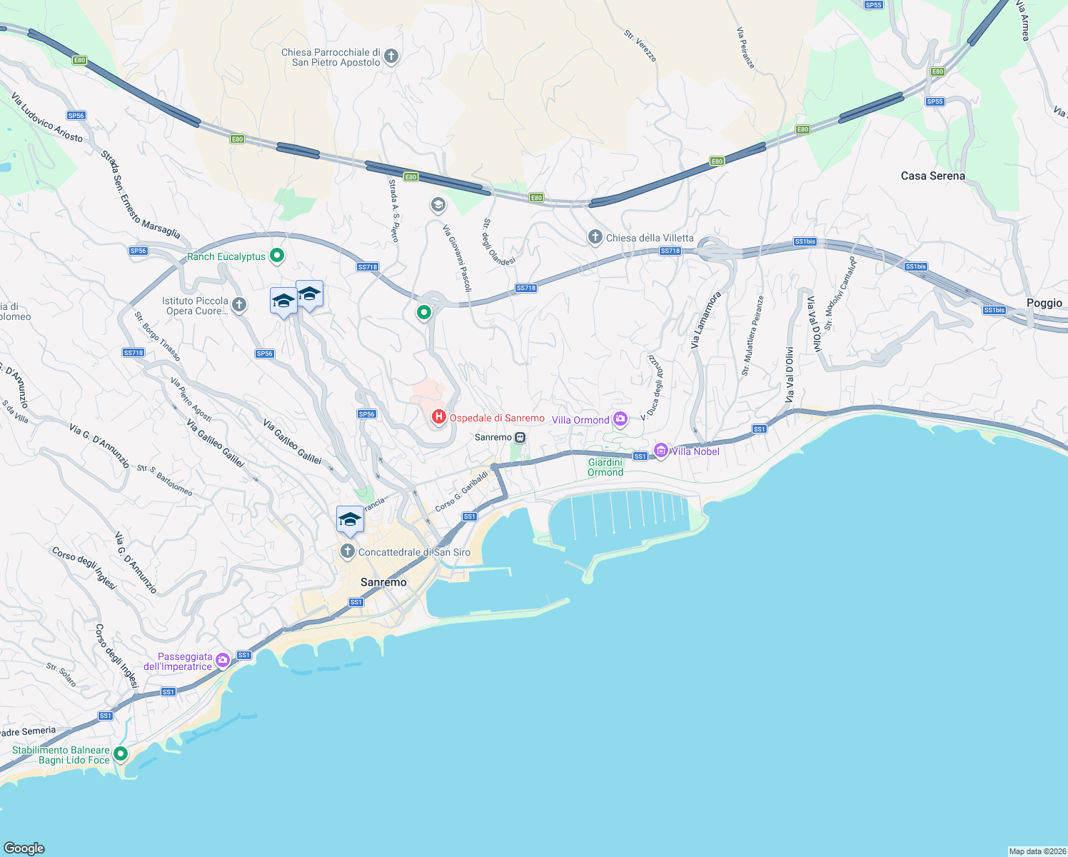 map of restaurants, bars, coffee shops, grocery stores, and more near 148 Via Wolfgang Goethe in Sanremo