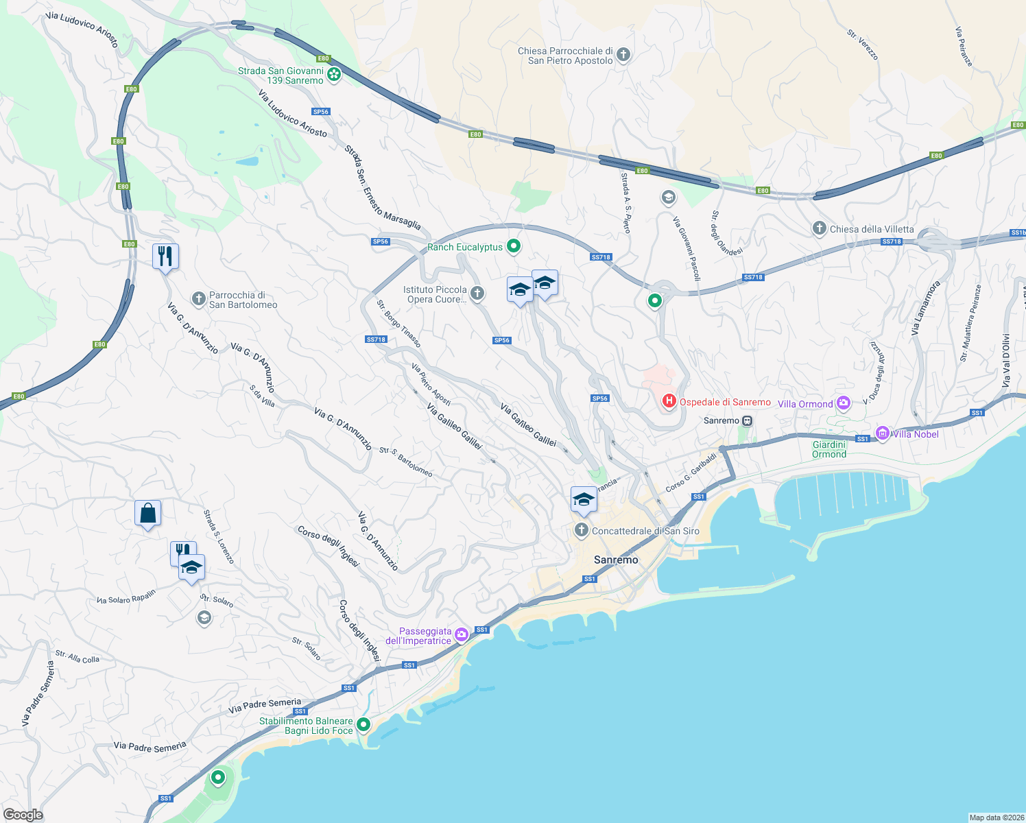 map of restaurants, bars, coffee shops, grocery stores, and more near 661 Via Galileo Galilei in Sanremo