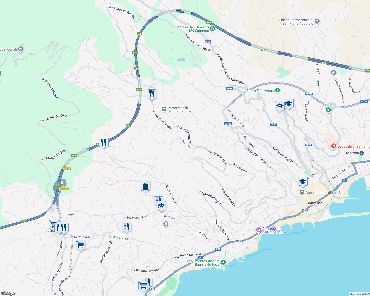 map of restaurants, bars, coffee shops, grocery stores, and more near 17 Via Giacomo Leopardi in Sanremo