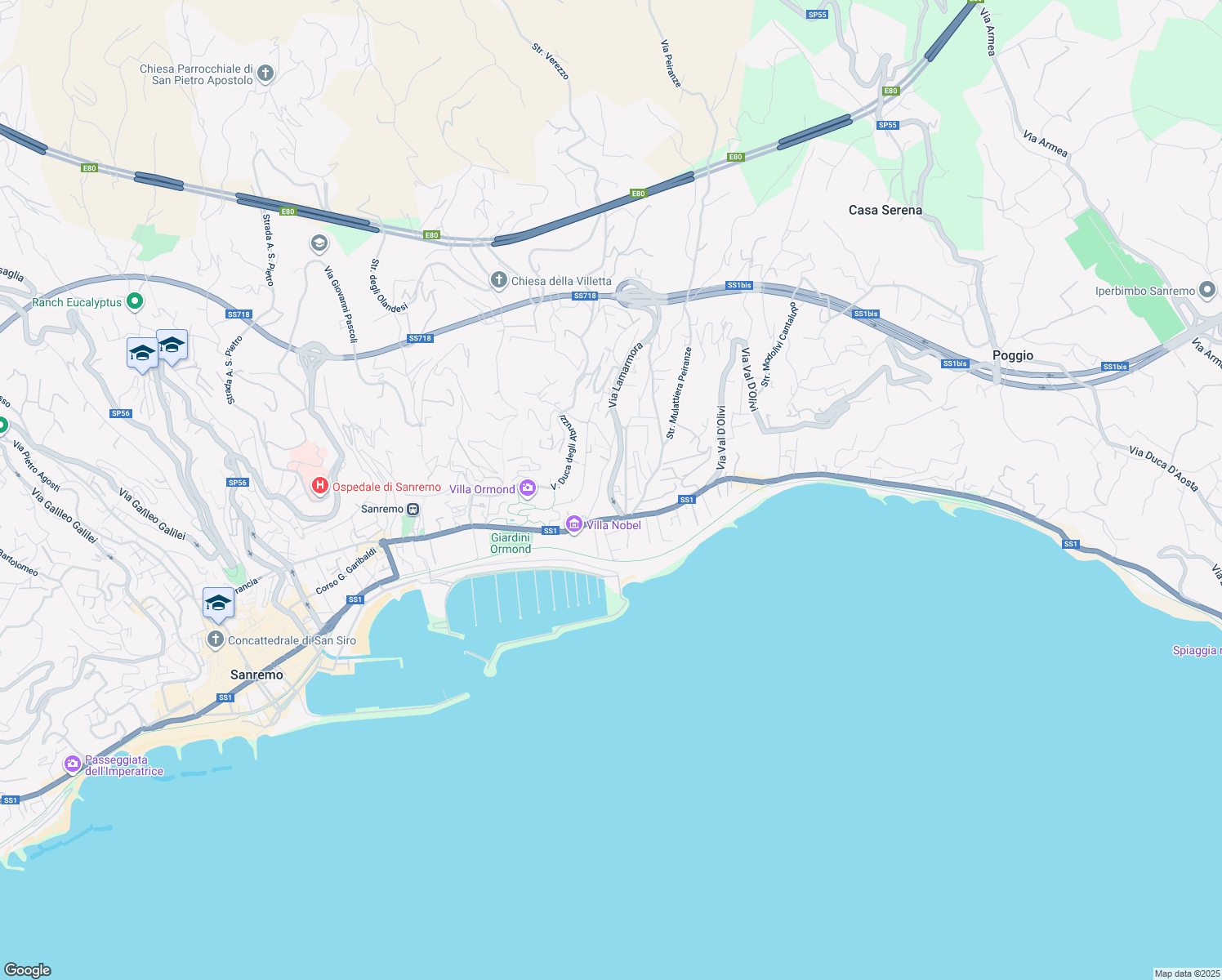 map of restaurants, bars, coffee shops, grocery stores, and more near 40 Via Lamarmora in Sanremo