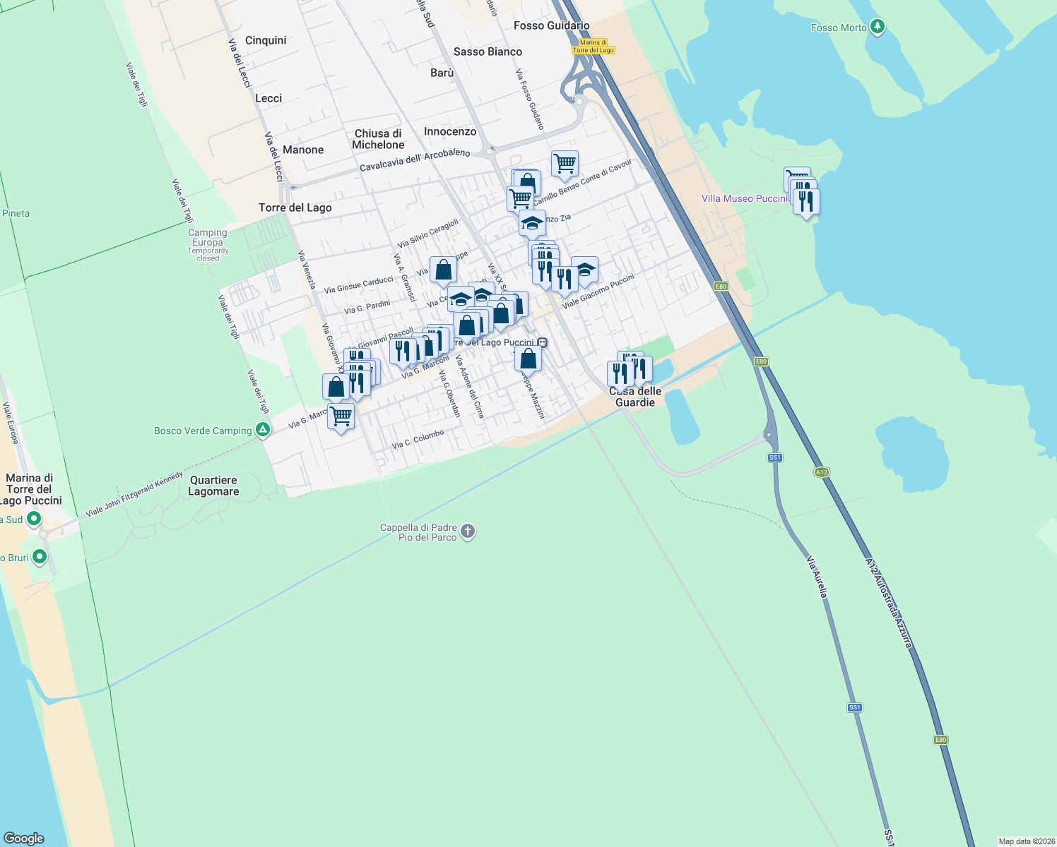 map of restaurants, bars, coffee shops, grocery stores, and more near 51 Via Martiri di San Anna in Torre del Lago Puccini