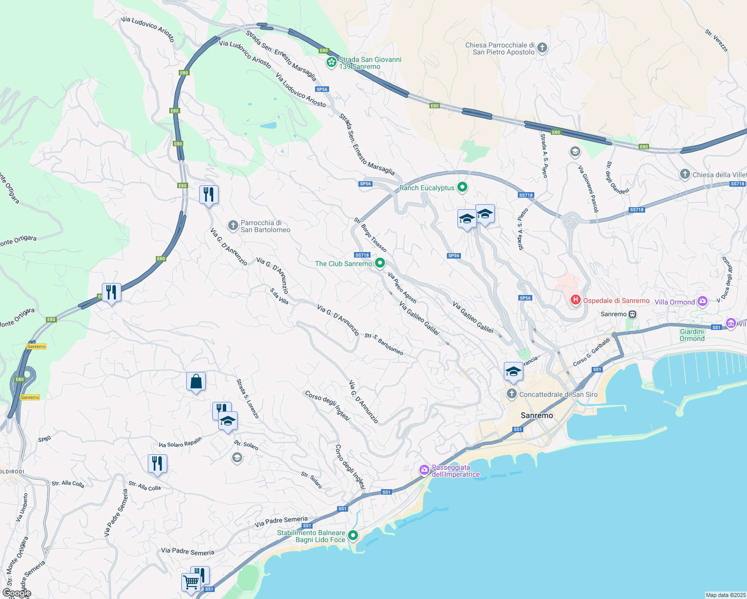map of restaurants, bars, coffee shops, grocery stores, and more near Strada Borgo Ponente in Sanremo