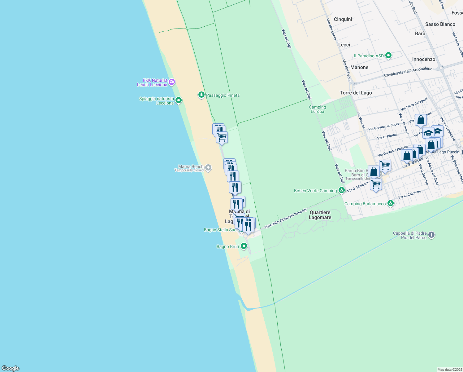 map of restaurants, bars, coffee shops, grocery stores, and more near 33 Viale Europa in Marina di Torre del Lago Puccini