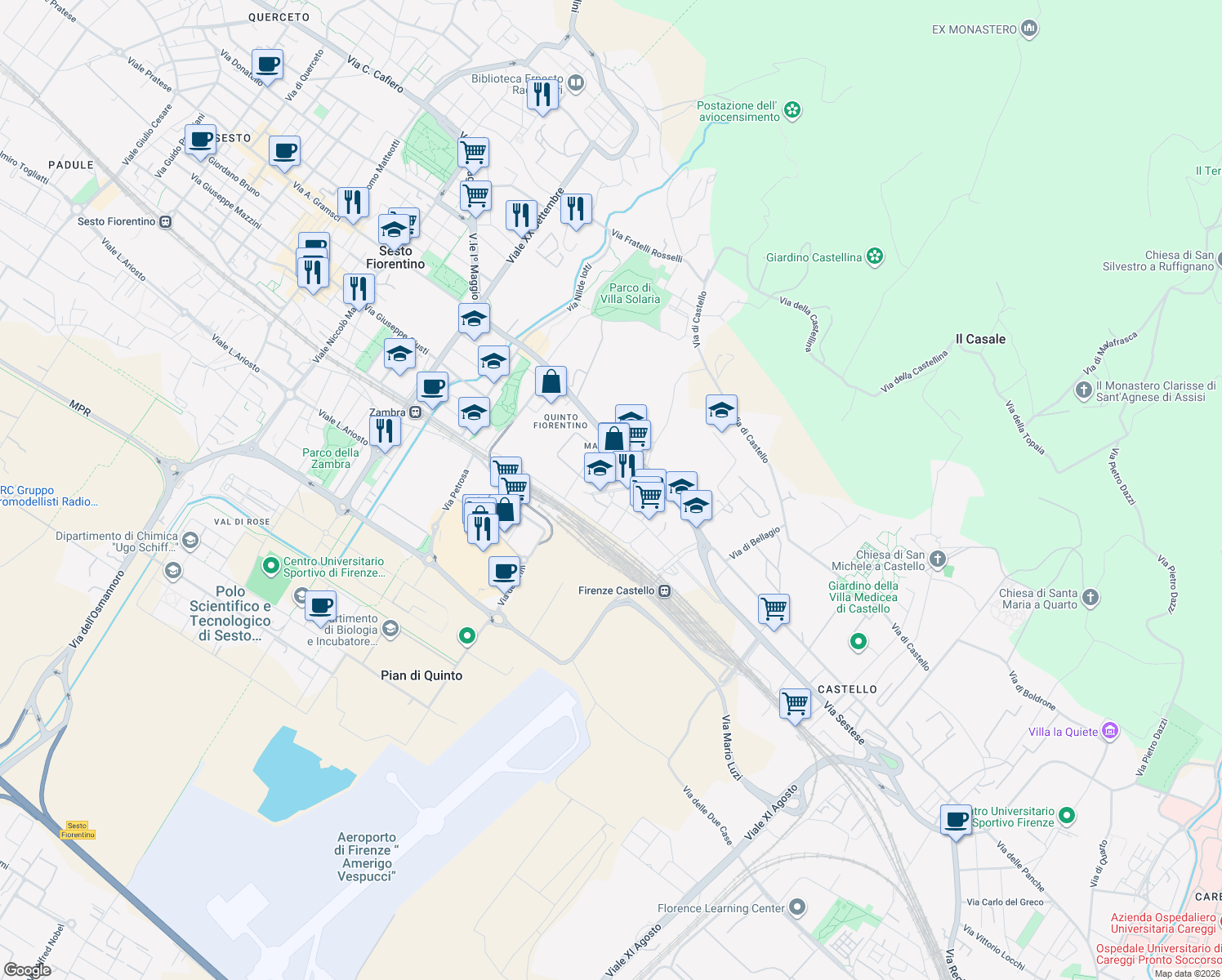 map of restaurants, bars, coffee shops, grocery stores, and more near 18 Via Ruggero Leoncavallo in Sesto Fiorentino