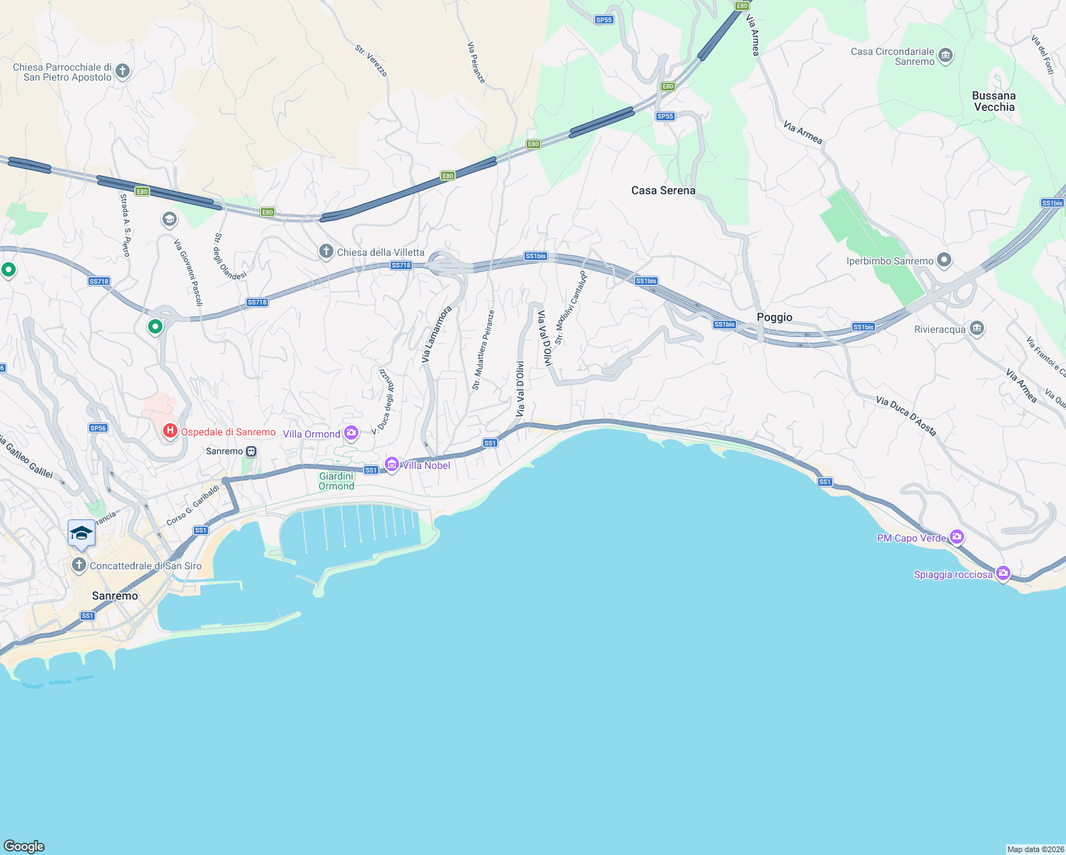 map of restaurants, bars, coffee shops, grocery stores, and more near 13 Corso Giuseppe Mazzini in Sanremo