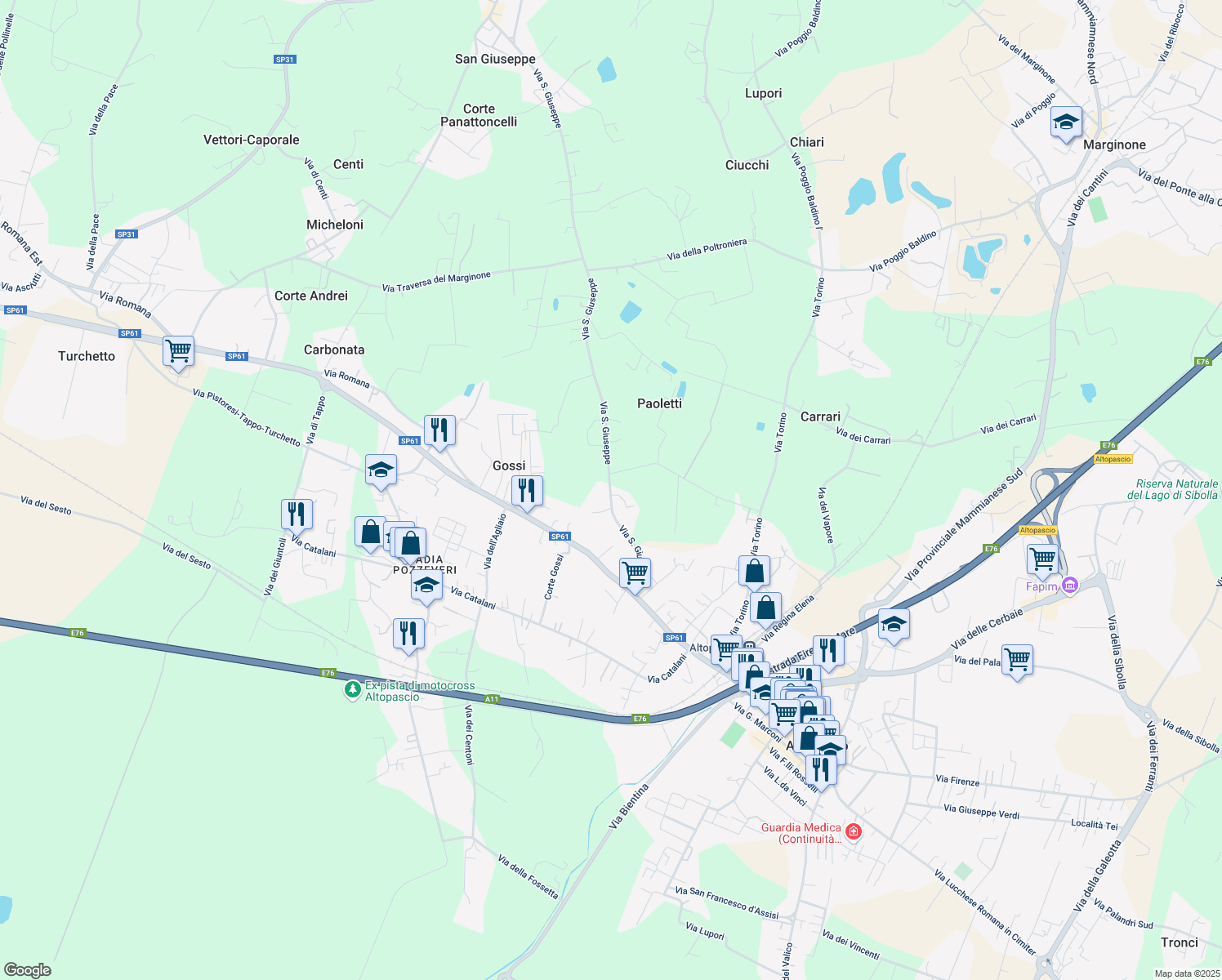 map of restaurants, bars, coffee shops, grocery stores, and more near 16 Località Collodi in Altopascio
