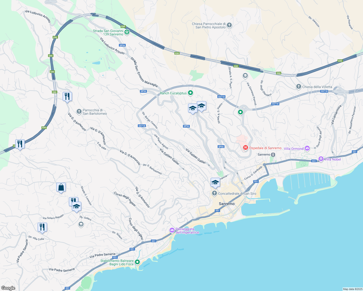 map of restaurants, bars, coffee shops, grocery stores, and more near 567 Via Galileo Galilei in Sanremo