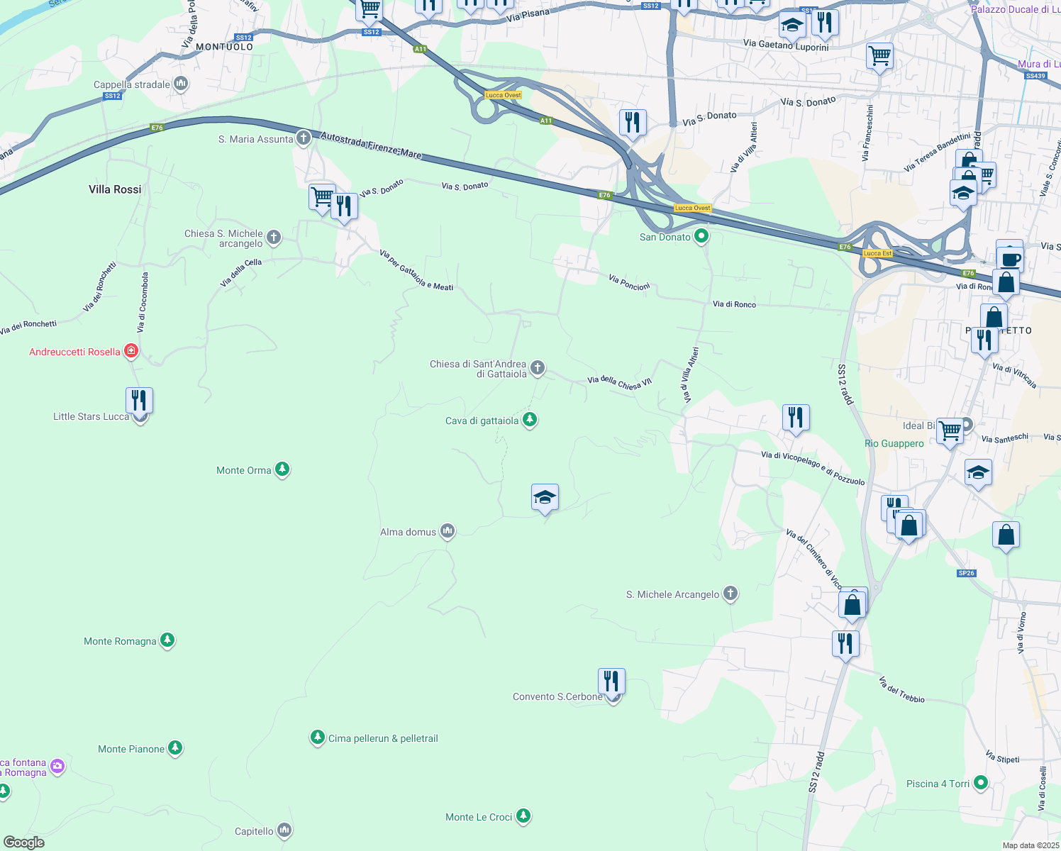 map of restaurants, bars, coffee shops, grocery stores, and more near 905 Via della Chiesa VII in Lucca