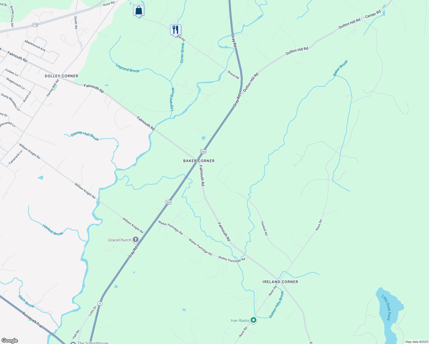 map of restaurants, bars, coffee shops, grocery stores, and more near 341 Falmouth Road in Windham