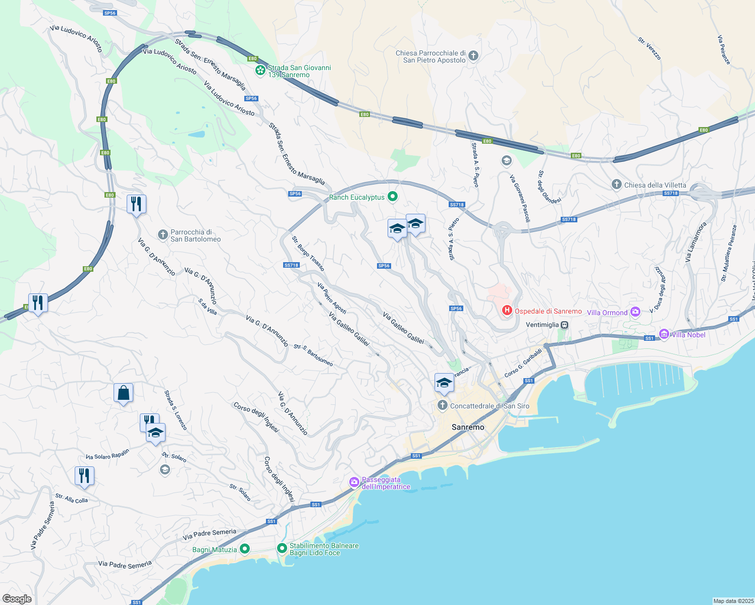 map of restaurants, bars, coffee shops, grocery stores, and more near 567 Via Galileo Galilei in Sanremo