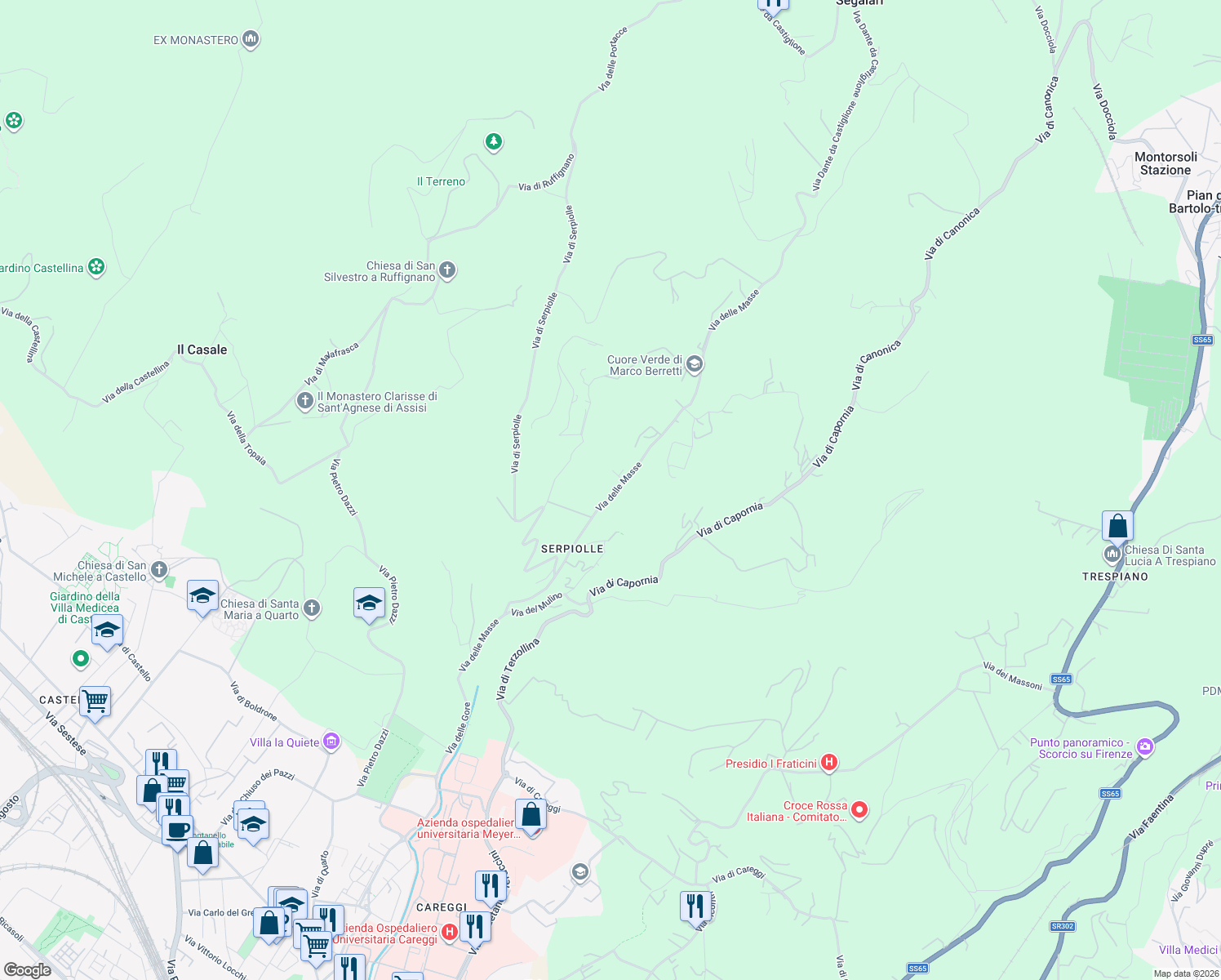 map of restaurants, bars, coffee shops, grocery stores, and more near 89 Via delle Masse in Firenze