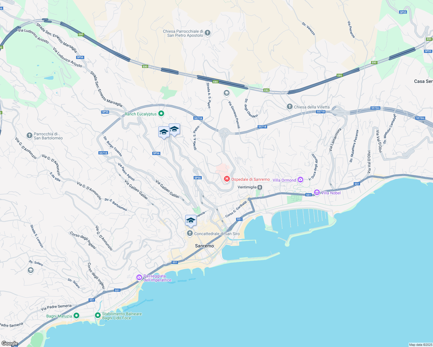 map of restaurants, bars, coffee shops, grocery stores, and more near 18 Salita Monte Saccarello in Sanremo