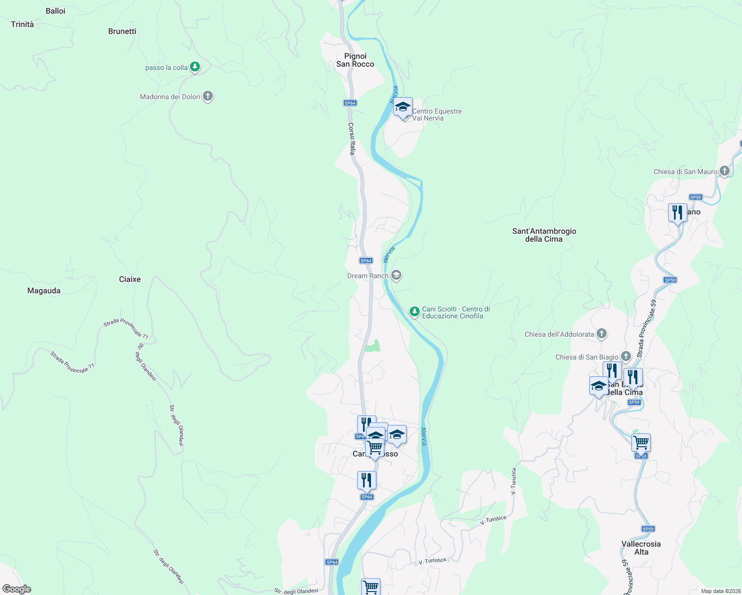 map of restaurants, bars, coffee shops, grocery stores, and more near 102 Corso Italia in Camporosso