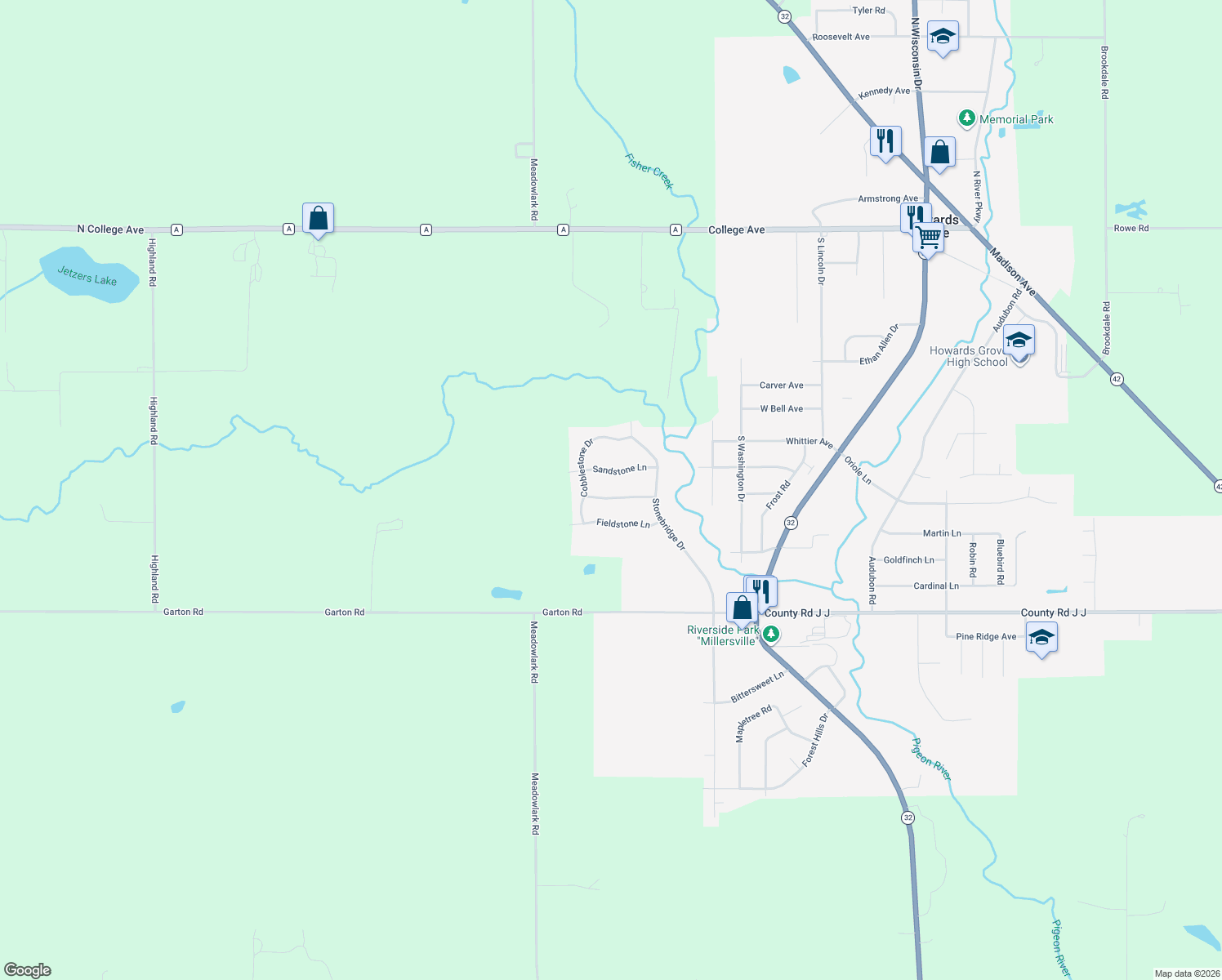 map of restaurants, bars, coffee shops, grocery stores, and more near 1612 Hedgestone Lane in Howards Grove